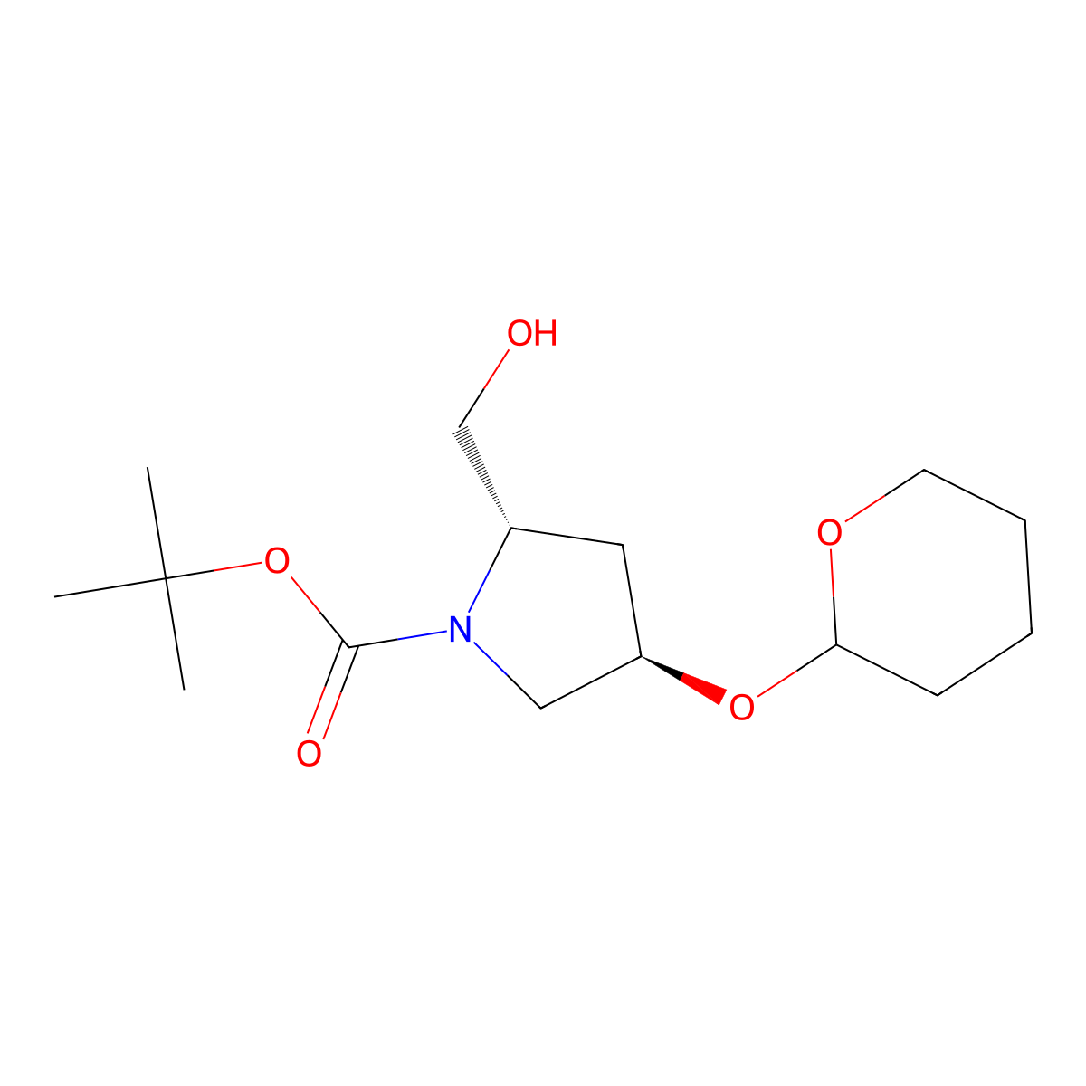 tert-butyl (2S,4R)-2-(hydroxymethyl)-4-(oxan-2-yloxy)pyrrolidine-1-carboxylate molecular structure, CAS 185951-15-9