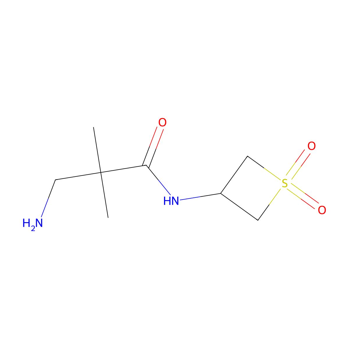 3-Amino-N-(1,1-dioxidothietan-3-yl)-2,2-dimethylpropanamide molecular structure, CAS 1859780-26-9