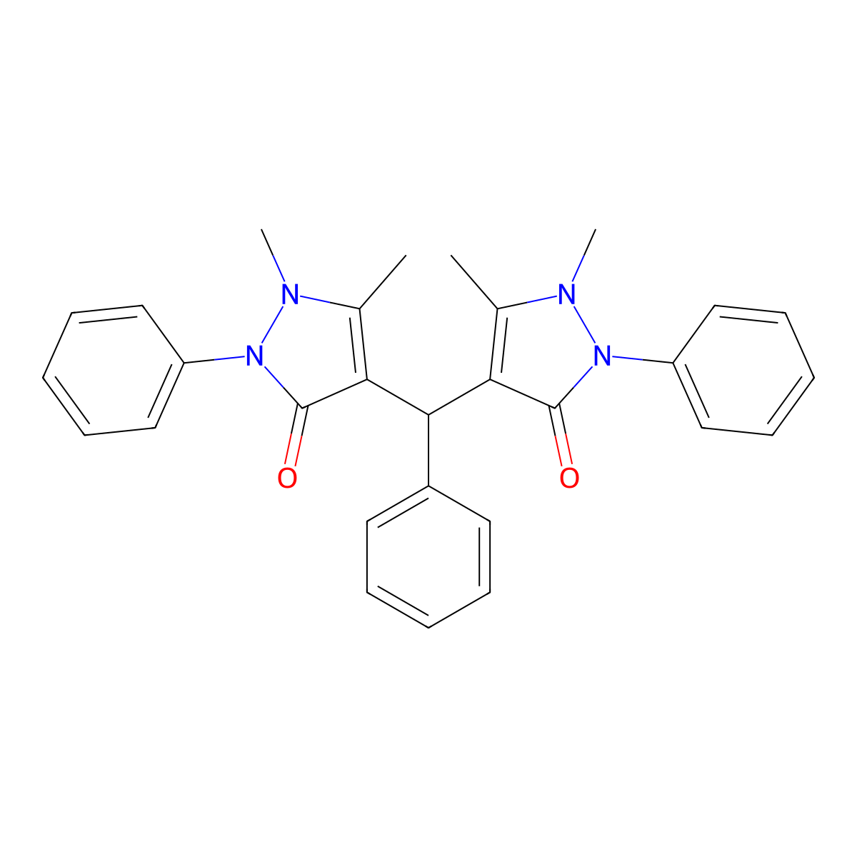 4,4'-(phenylmethanediyl)bis(1,5-dimethyl-2-phenyl-1,2-dihydro-3H-pyrazol-3-one) molecular structure, CAS 1861-84-3