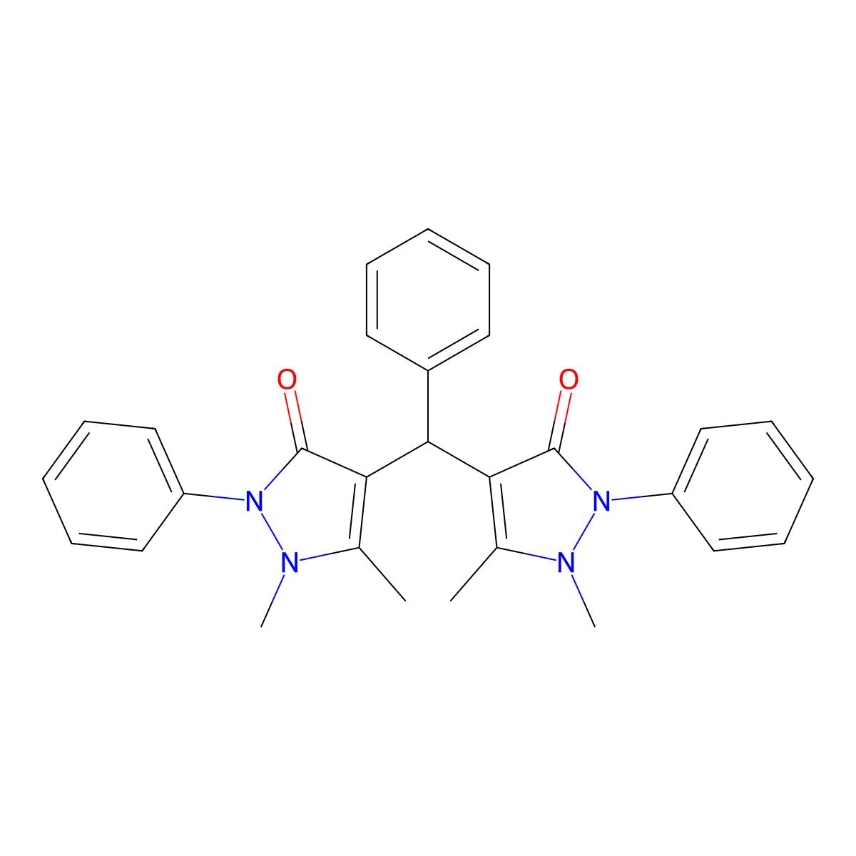4,4'-(phenylmethanediyl)bis(1,5-dimethyl-2-phenyl-1,2-dihydro-3H-pyrazol-3-one) molecular structure, CAS 1861-84-3
