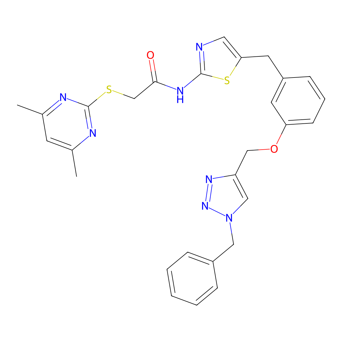 N-(5-{3-[(1-Benzyl-1h-1,2,3-Triazol-4-Yl)methoxy]benzyl}-1,3-Thiazol-2-Yl)-2-[(4,6-Dimethylpyrimidin-2-Yl)sulfanyl]acetamide molecular structure, CAS 1862238-00-3