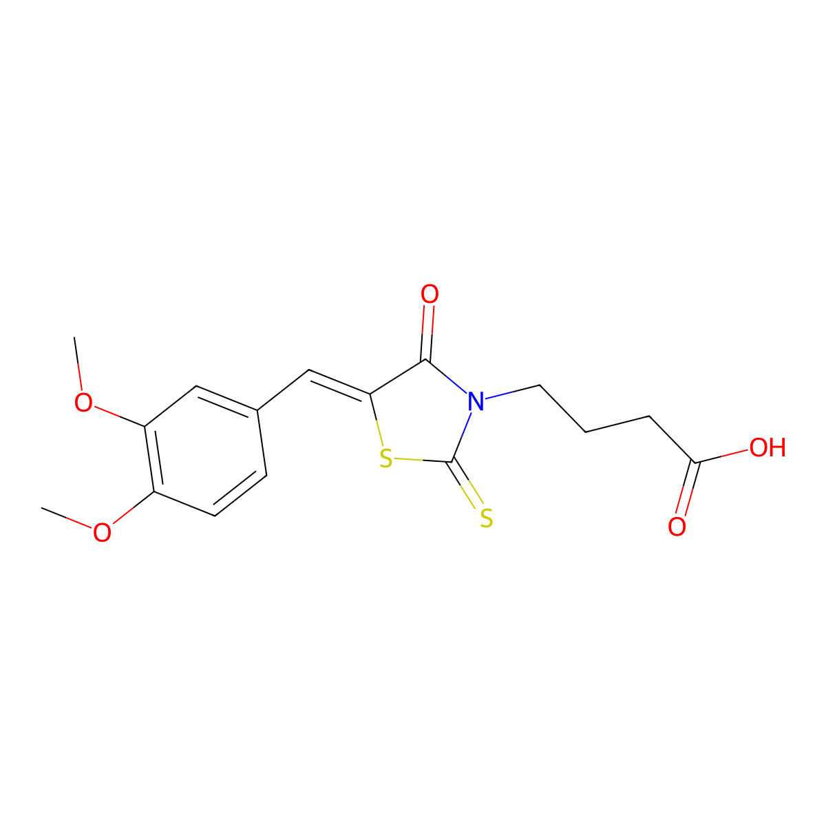 4-[5-(3,4-Dimethoxy-benzylidene)-4-oxo-2-thioxo-thiazolidin-3-yl]-butyric acid molecular structure, CAS 18623-44-4