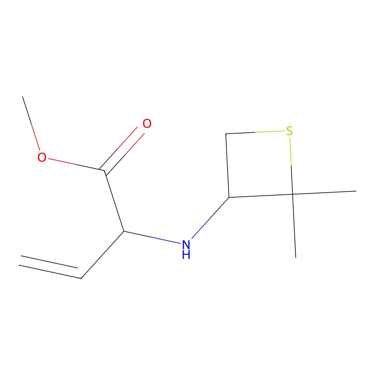 Methyl 2-((2,2-dimethylthietan-3-yl)amino)but-3-enoate molecular structure, CAS 1862358-94-8