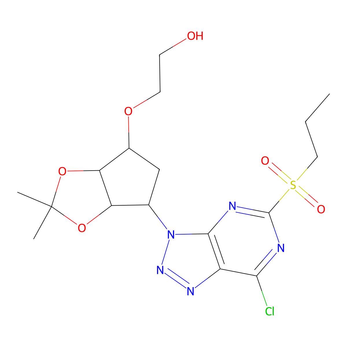 2-(((3aR,4S,6R,6aS)-6-(7-chloro-5-(propylsulfonyl)-3H-[1,2,3]triazolo[4,5-d]pyrimidin-3-yl)-2,2-dimethyltetrahydro-4H-cyclopenta[d][1,3]dioxol-4-yl)oxy)ethan-1-ol molecular structure, CAS 1863036-47-8