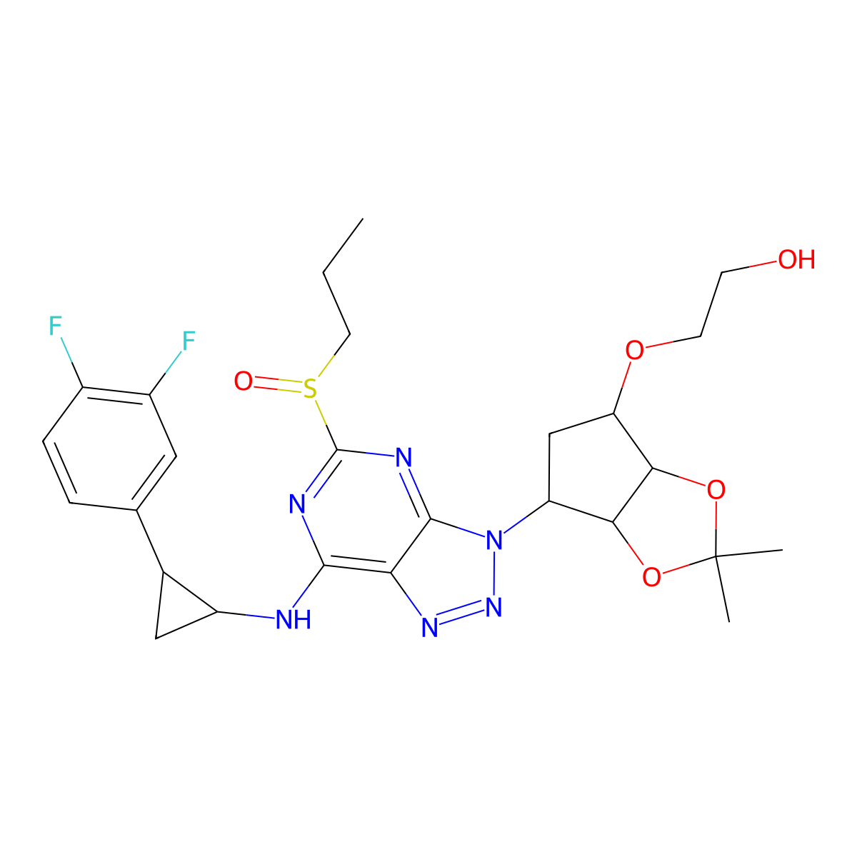 2-(((3aR,4S,6R,6aS)-6-(7-(((1R,2S)-2-(3,4-difluorophenyl)cyclopropyl)amino)-5-(propylsulfinyl)-3H-[1,2,3]triazolo[4,5-d]pyrimidin-3-yl)-2,2-dimethyltetrahydro-4H-cyclopenta[d][1,3]dioxol-4-yl)oxy)ethan-1-ol molecular structure, CAS 1863036-49-0