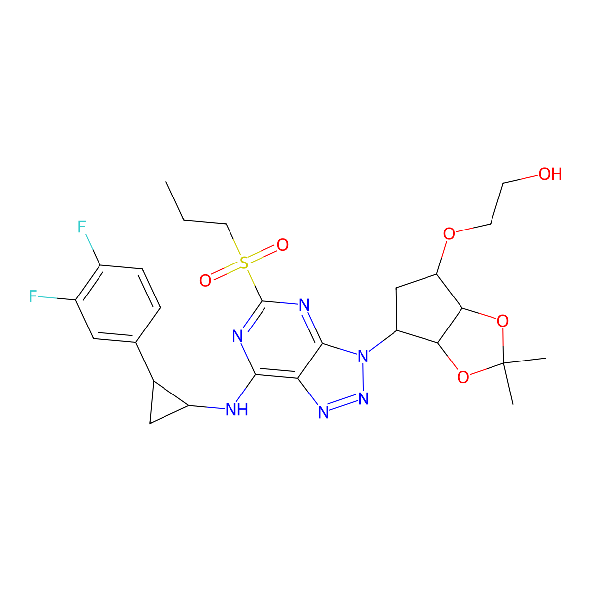 2-(((3aR,4S,6R,6aS)-6-(7-(((1R,2S)-2-(3,4-difluorophenyl)cyclopropyl)amino)-5-(propylsulfonyl)-3H-[1,2,3]triazolo[4,5-d]pyrimidin-3-yl)-2,2-dimethyltetrahydro-4H-cyclopenta[d][1,3]dioxol-4-yl)oxy)ethan-1-ol molecular structure, CAS 1863036-51-4