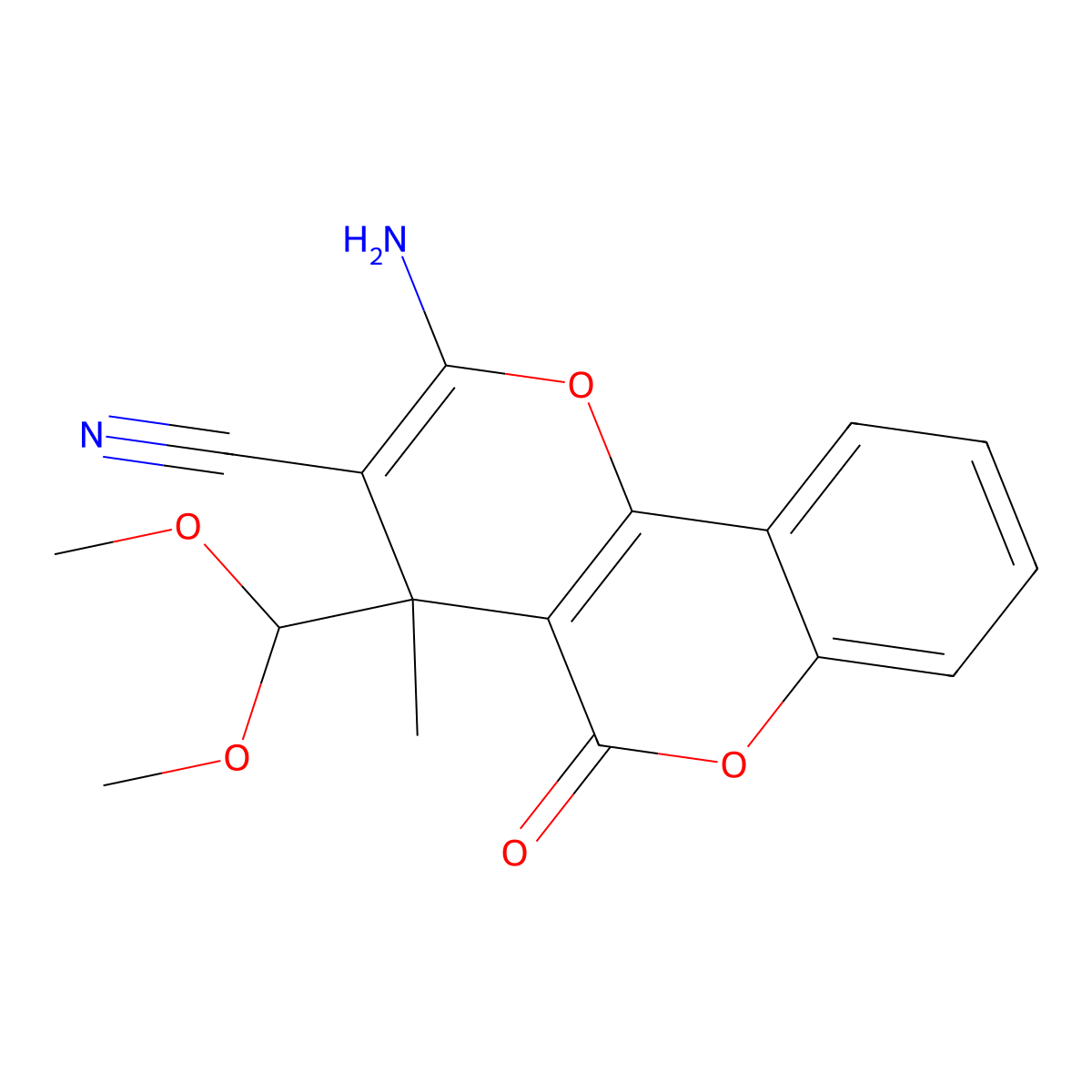 2-amino-4-(dimethoxymethyl)-4-methyl-5-oxo-4H,5H-pyrano[3,2-c]chromene-3-carbonitrile molecular structure, CAS 186308-67-8