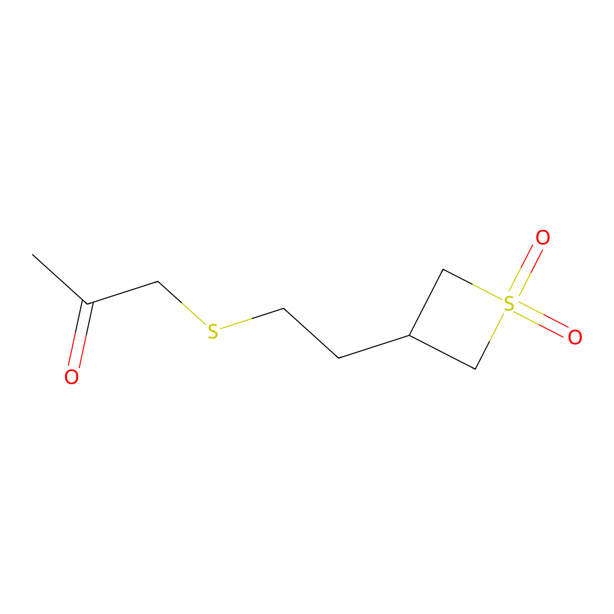 1-((2-(1,1-Dioxidothietan-3-yl)ethyl)thio)propan-2-one molecular structure, CAS 1863147-45-8