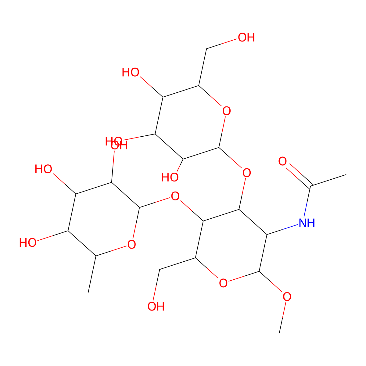 N-[(2R,3R,4R,5S,6R)-6-(hydroxymethyl)-2-methoxy-4-[(2R,3R,4S,5R,6R)-3,4,5-trihydroxy-6-(hydroxymethyl)oxan-2-yl]oxy-5-[(2S,3S,4R,5S)-3,4,5-trihydroxy-6-methyloxan-2-yl]oxyoxan-3-yl]acetamide molecular structure, CAS 186315-40-2