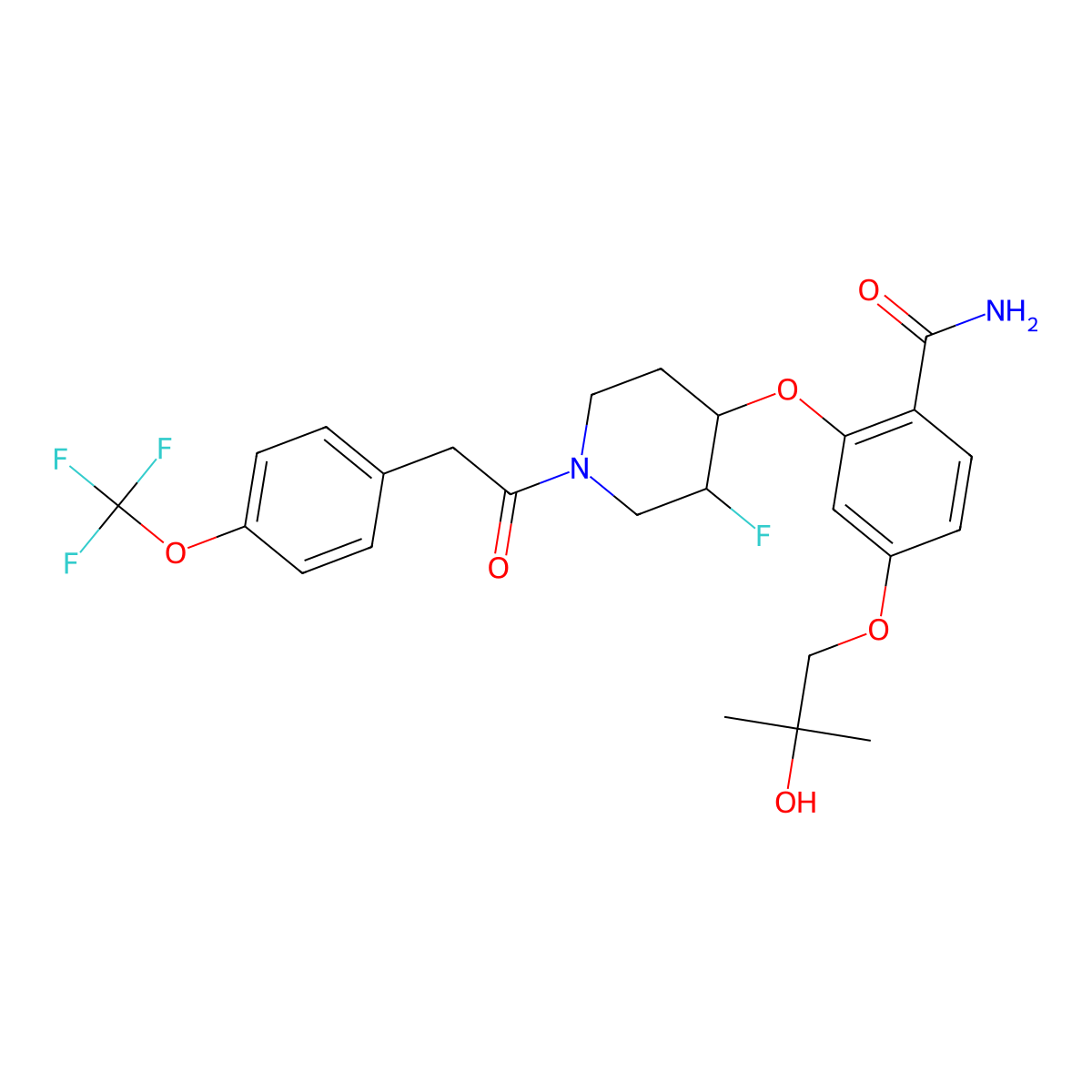 2-((3R,4S)-3-Fluoro-1-(2-(4-(trifluoromethoxy)phenyl)acetyl)piperidin-4-yloxy)-4-(2-hydroxy-2-methylpropoxy)benzamide molecular structure, CAS 1863905-38-7