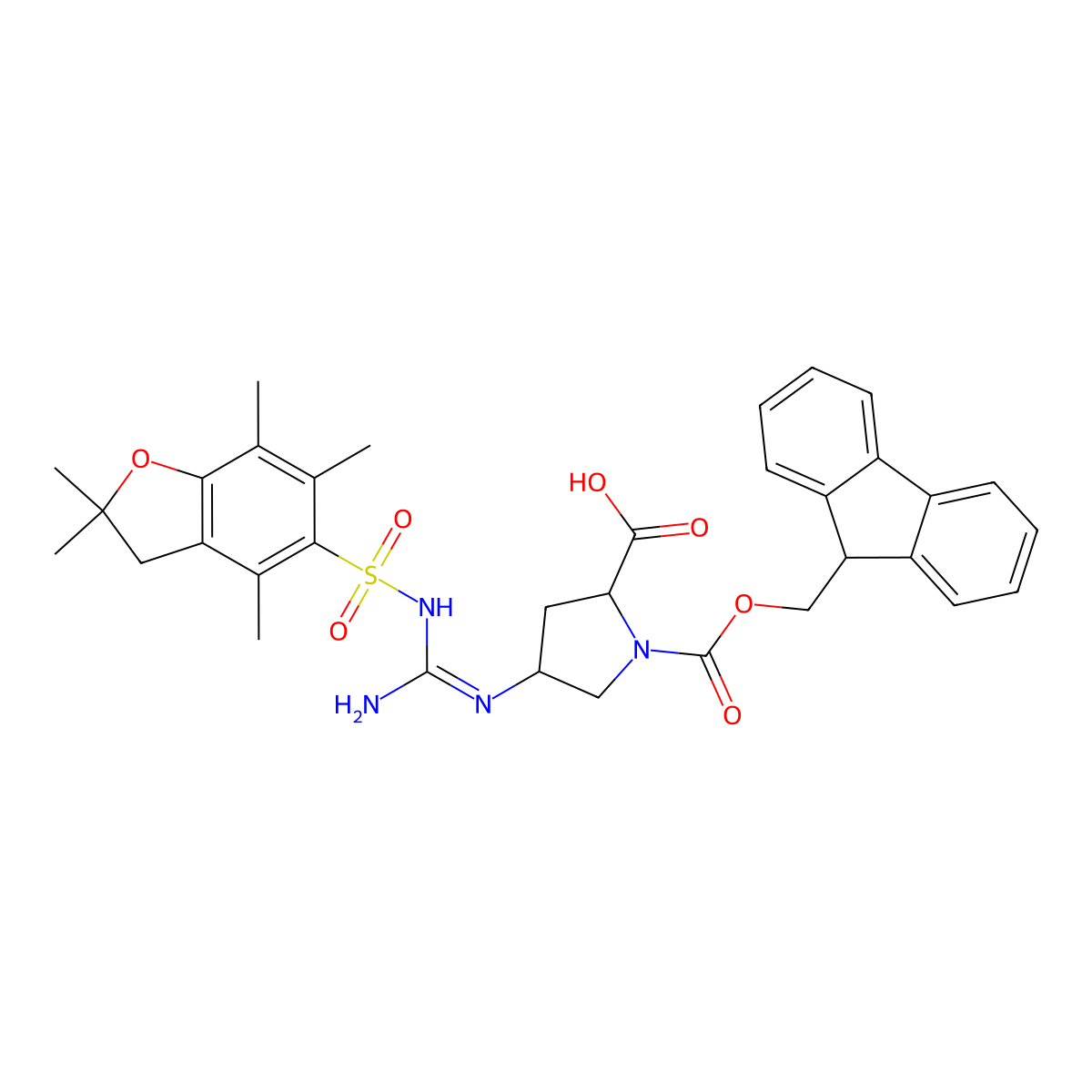 (2S, 4R)-Fmoc-4-(N'-Pbf-guanidino)-pyrrolidine-2-carboxylic acid molecular structure, CAS 1864002-98-1