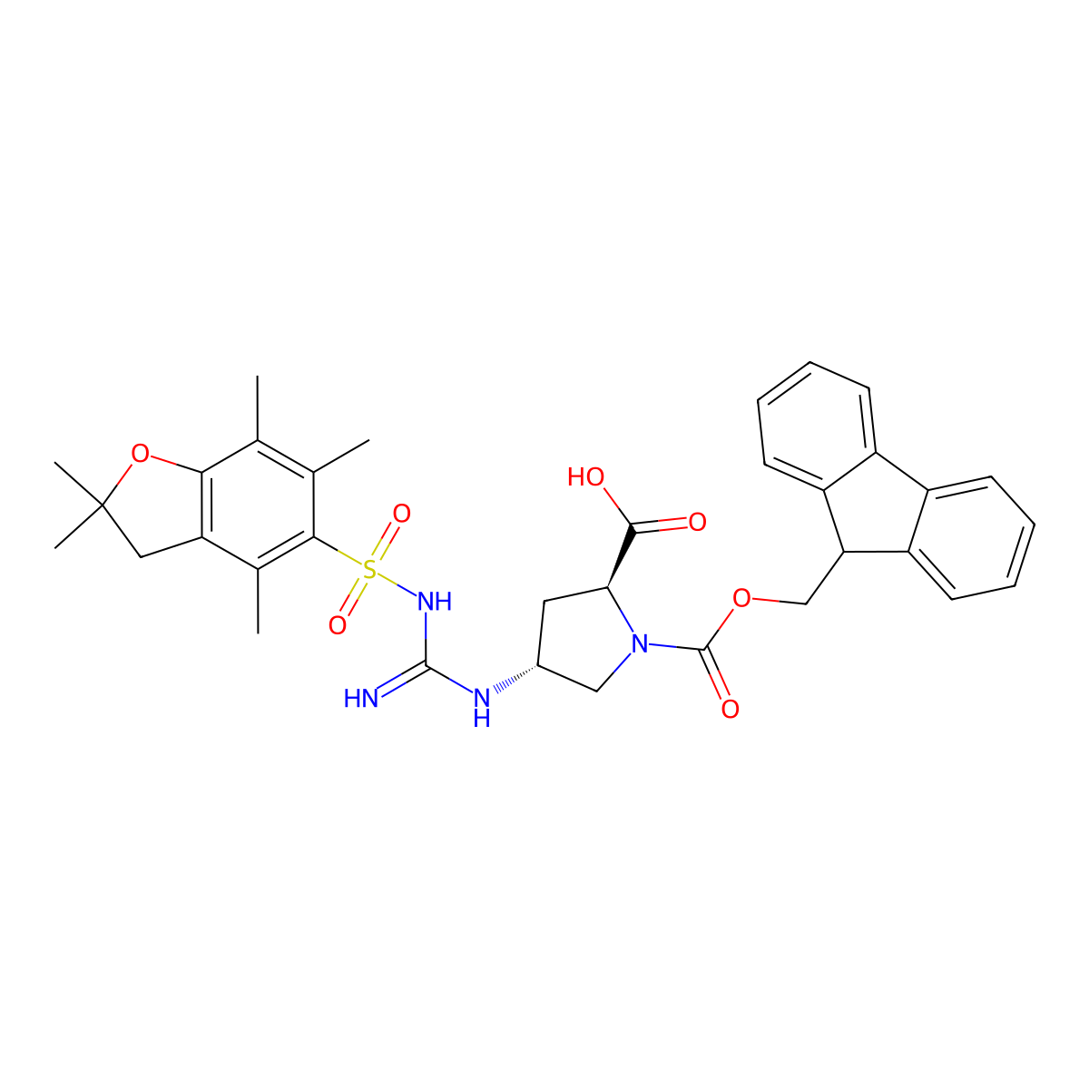 (2S, 4R)-Fmoc-4-(N'-Pbf-guanidino)-pyrrolidine-2-carboxylic acid molecular structure, CAS 1864002-98-1