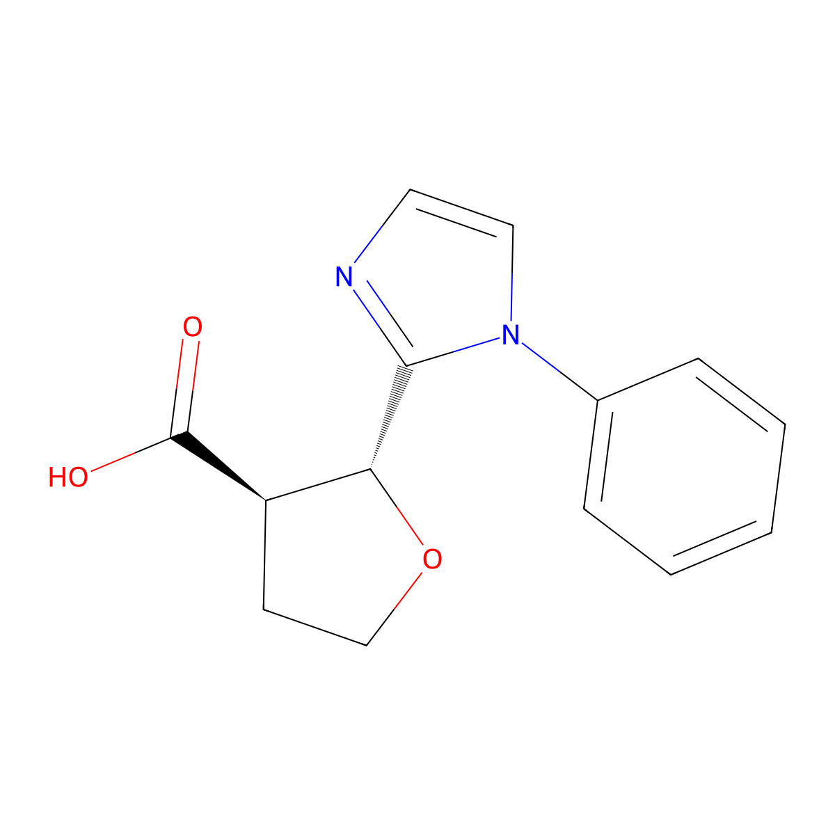 2-(1-phenyl-1H-imidazol-2-yl)oxolane-3-carboxylic acid, trans molecular structure, CAS 1864003-60-0