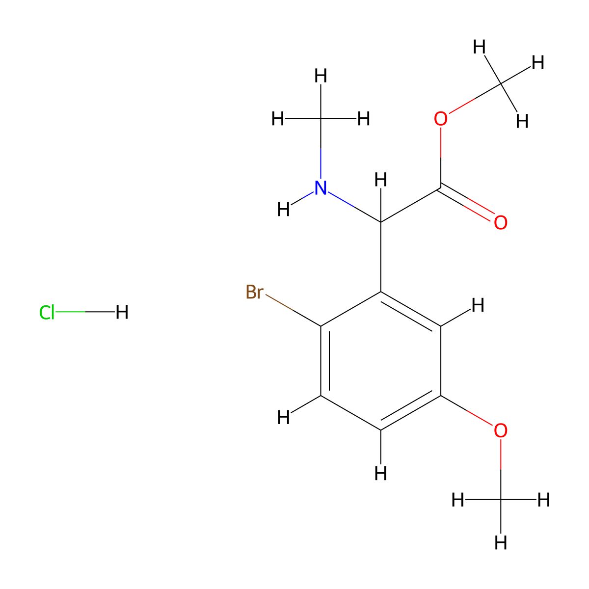 Methyl 2-(2-bromo-5-methoxyphenyl)-2-(methylamino)acetate hydrochloride molecular structure, CAS 1864014-53-8