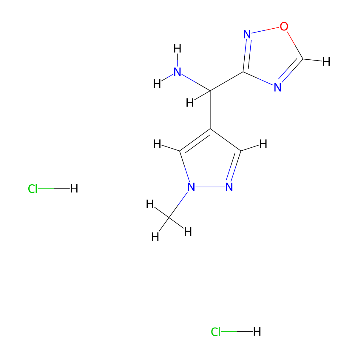 1-(1-methyl-1H-pyrazol-4-yl)-1-(1,2,4-oxadiazol-3-yl)methanamine dihydrochloride molecular structure, CAS 1864015-38-2