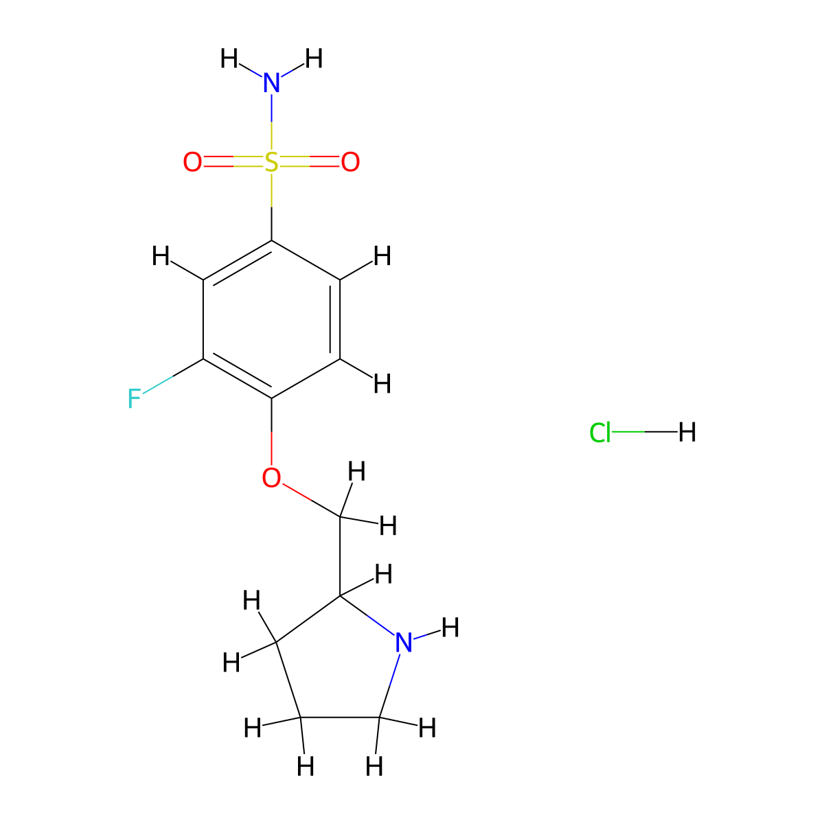 3-Fluoro-4-[(pyrrolidin-2-yl)methoxy]benzene-1-sulfonamide hydrochloride molecular structure, CAS 1864061-23-3