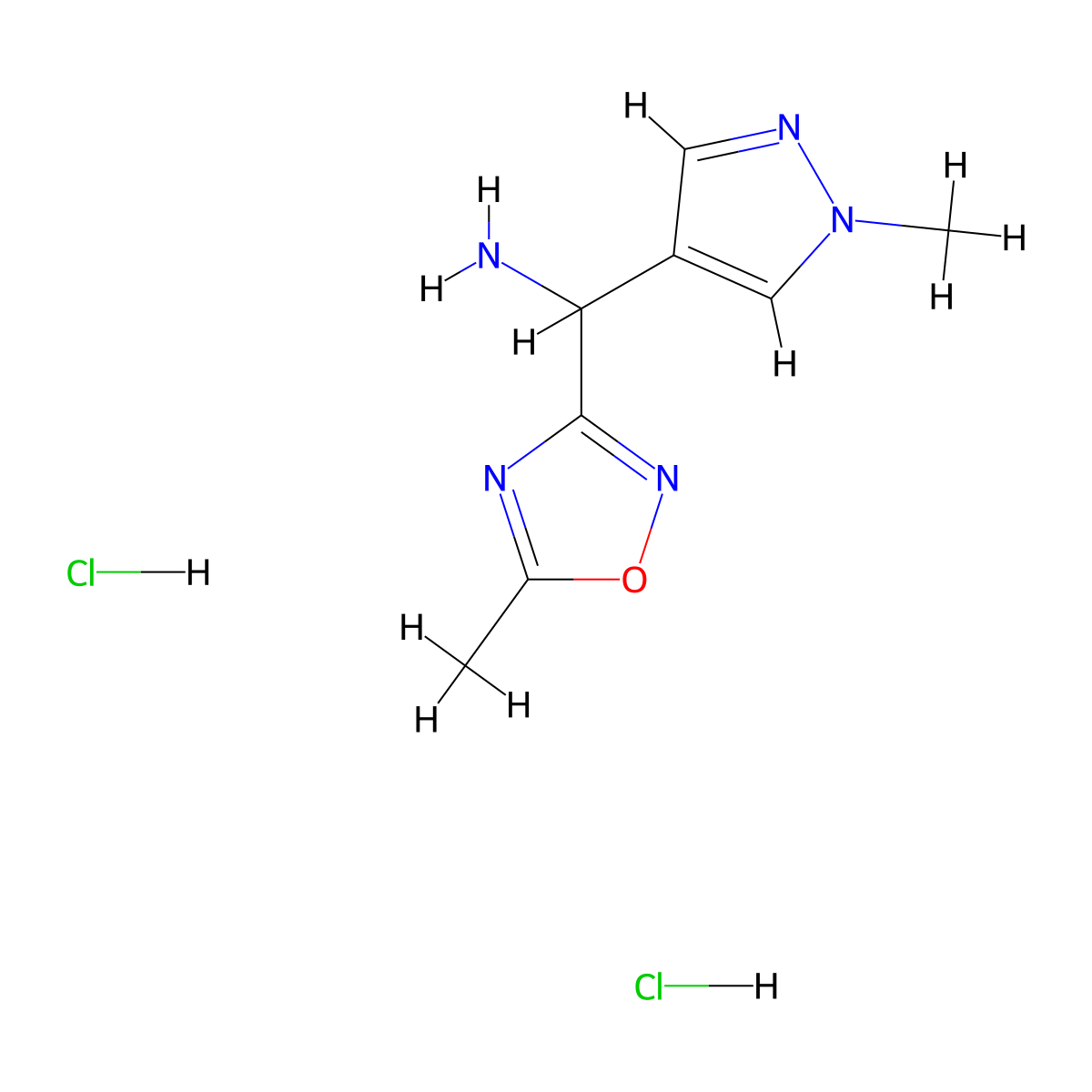 (5-methyl-1,2,4-oxadiazol-3-yl)(1-methyl-1H-pyrazol-4-yl)methanamine dihydrochloride molecular structure, CAS 1864073-30-2
