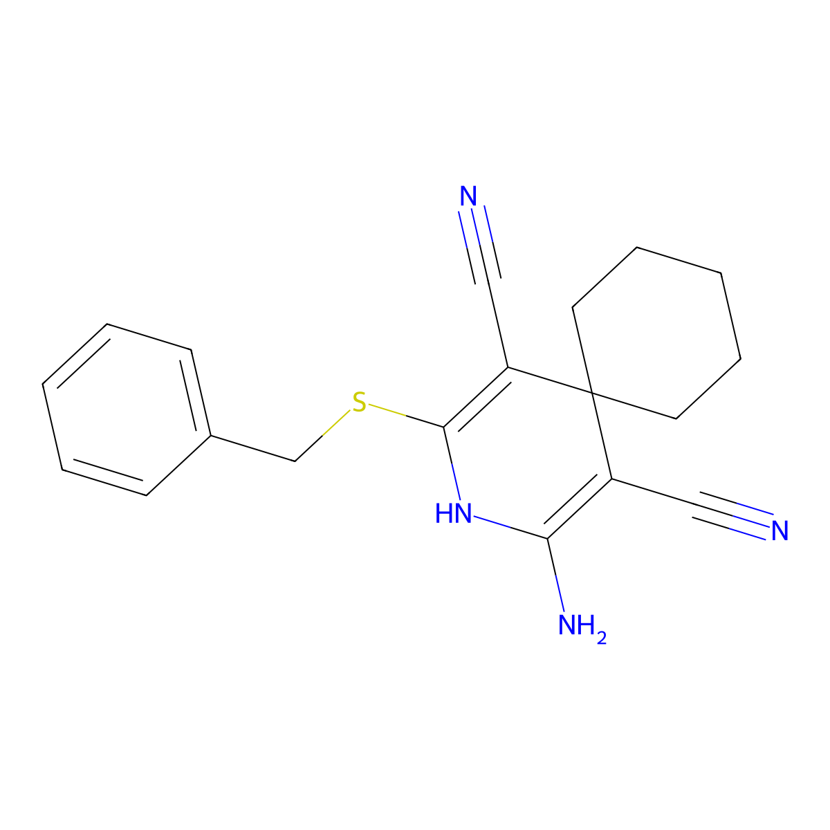 2-Amino-4-(benzylsulfanyl)-3-azaspiro[5.5]undeca-1,4-diene-1,5-dicarbonitrile molecular structure, CAS 186421-40-9