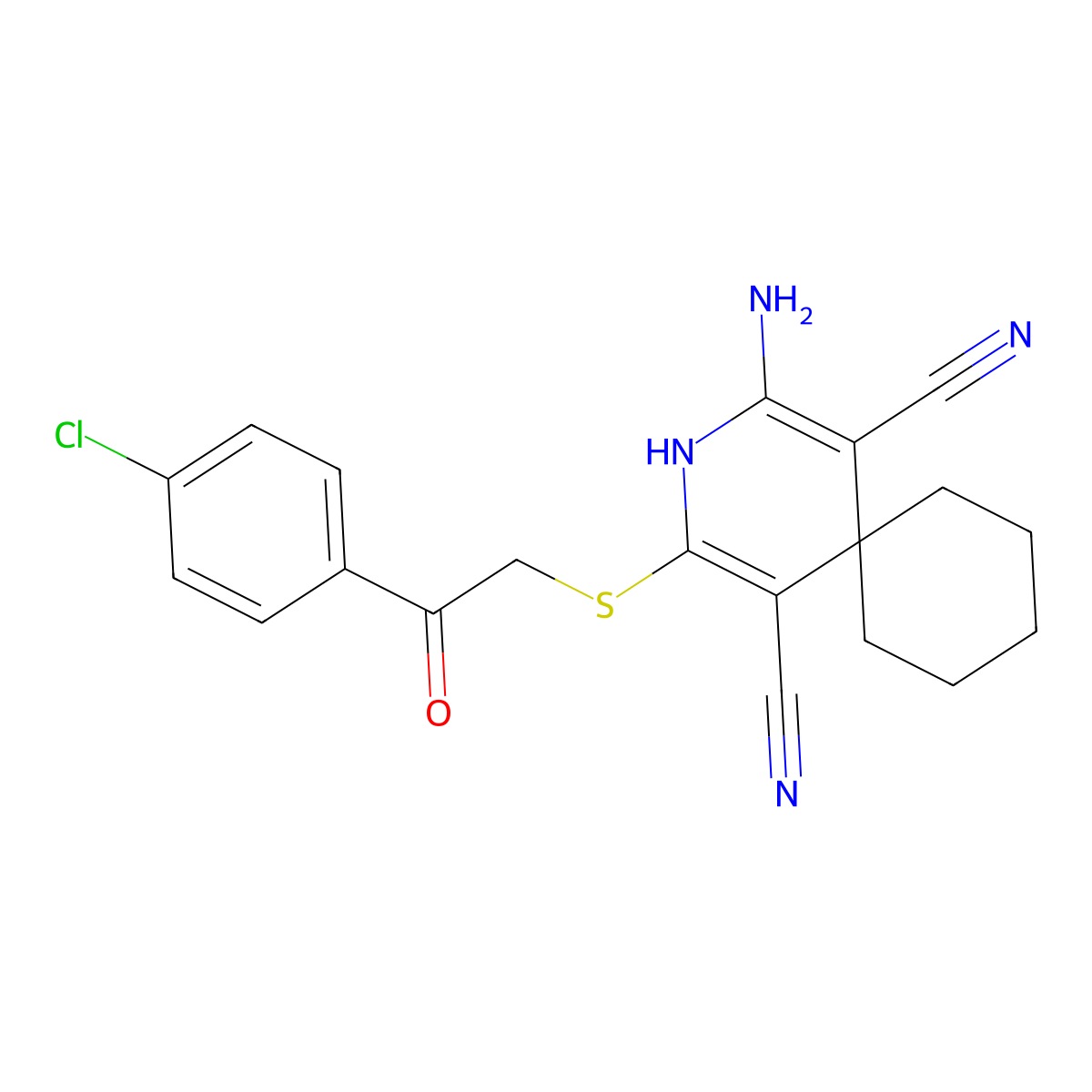 2-Amino-4-{[2-(4-chlorophenyl)-2-oxoethyl]sulfanyl}-3-azaspiro[5.5]undeca-1,4-diene-1,5-dicarbonitrile molecular structure, CAS 186421-43-2
