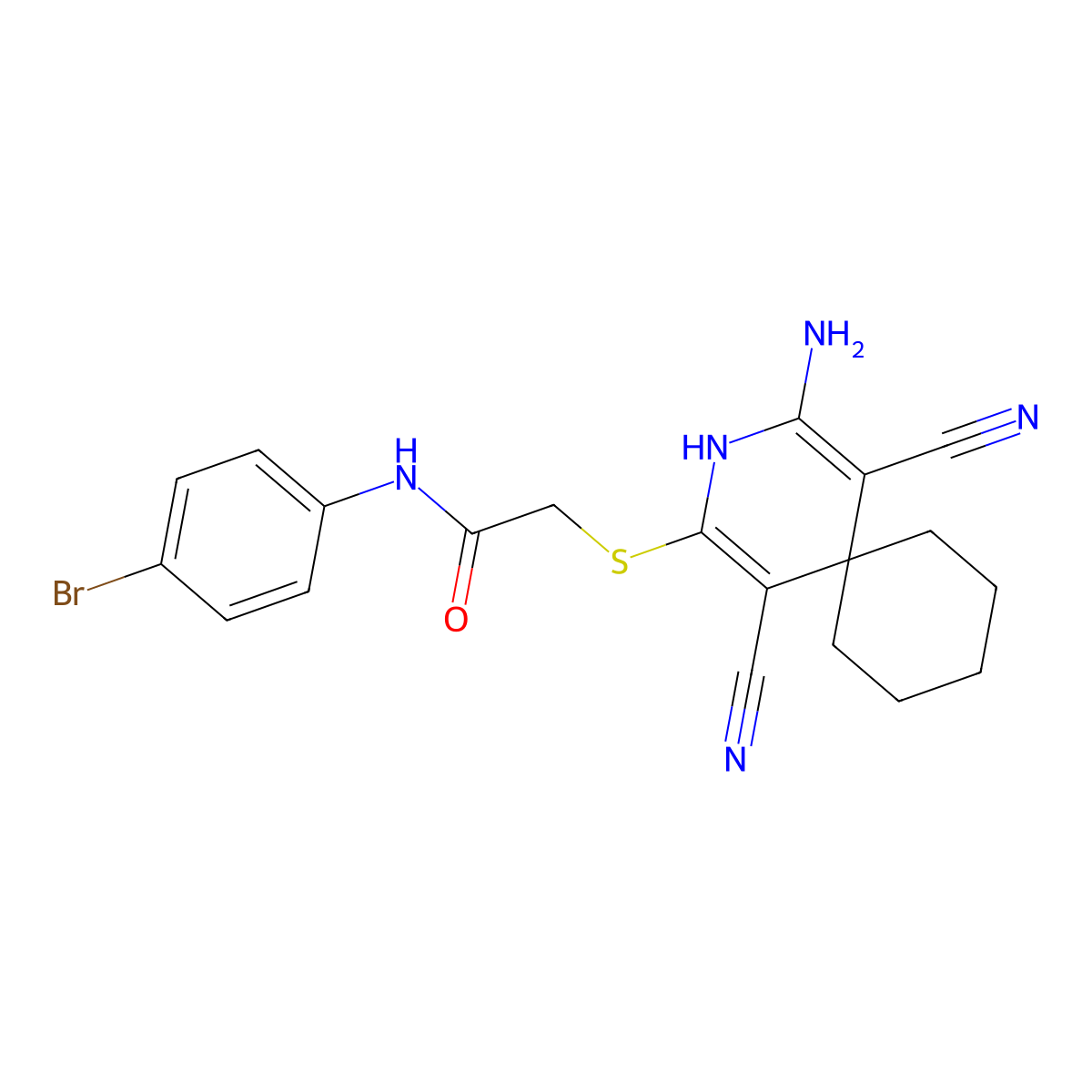 2-[(4-amino-1,5-dicyano-3-azaspiro[5.5]undeca-1,4-dien-2-yl)sulfanyl]-N-(4-bromophenyl)acetamide molecular structure, CAS 186421-44-3