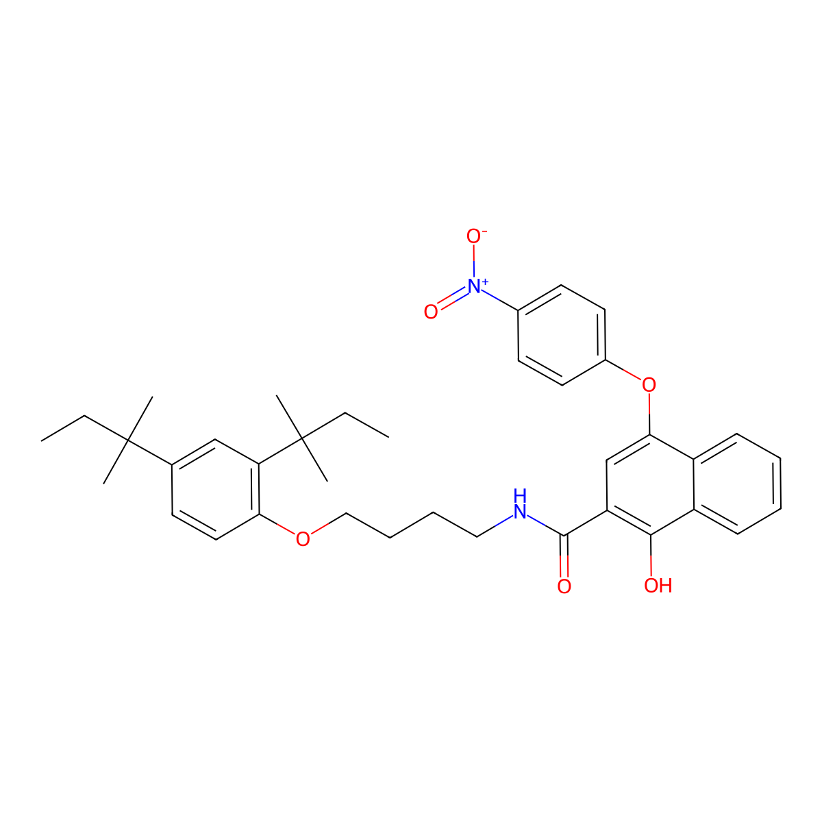 2-Naphthalenecarboxamide, N-[4-[2,4-bis(1,1-dimethylpropyl)phenoxy]butyl]-1-hydroxy-4-(4-nitrophenoxy)- molecular structure, CAS 18643-47-5