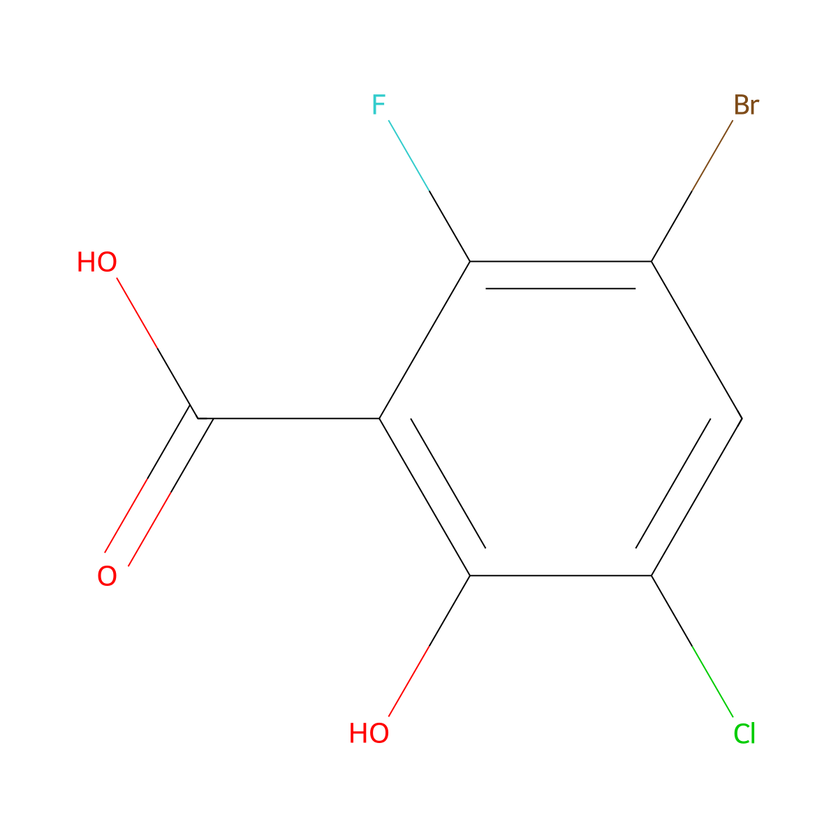 3-Bromo-5-chloro-2-fluoro-6-hydroxybenzoic acid molecular structure, CAS 1864362-07-1