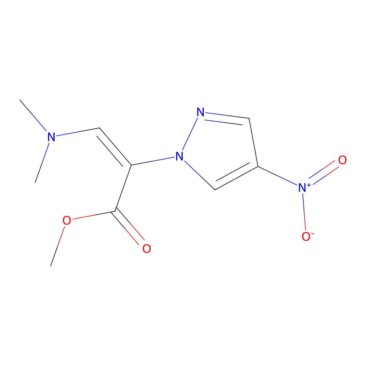 Methyl 3-(dimethylamino)-2-(4-nitro-1H-pyrazol-1-yl)acrylate molecular structure, CAS 1864760-35-9