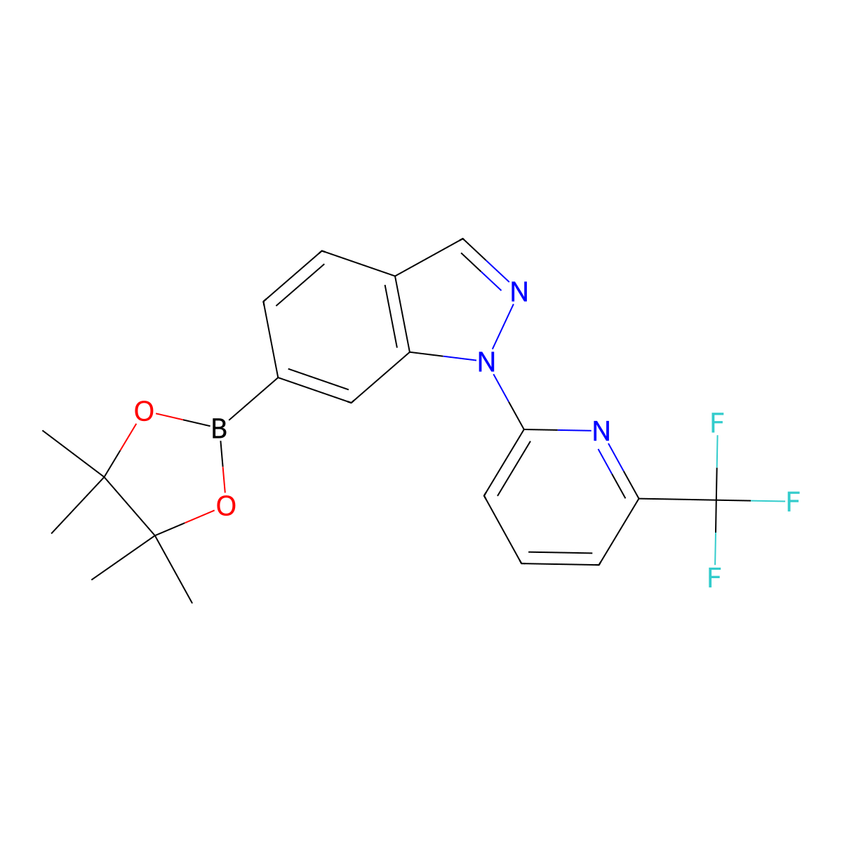 6-(4,4,5,5-tetramethyl-1,3,2-dioxaborolan-2-yl)-1-(6-(trifluoromethyl)pyridin-2-yl)-1H-indazole molecular structure, CAS 1864768-32-0