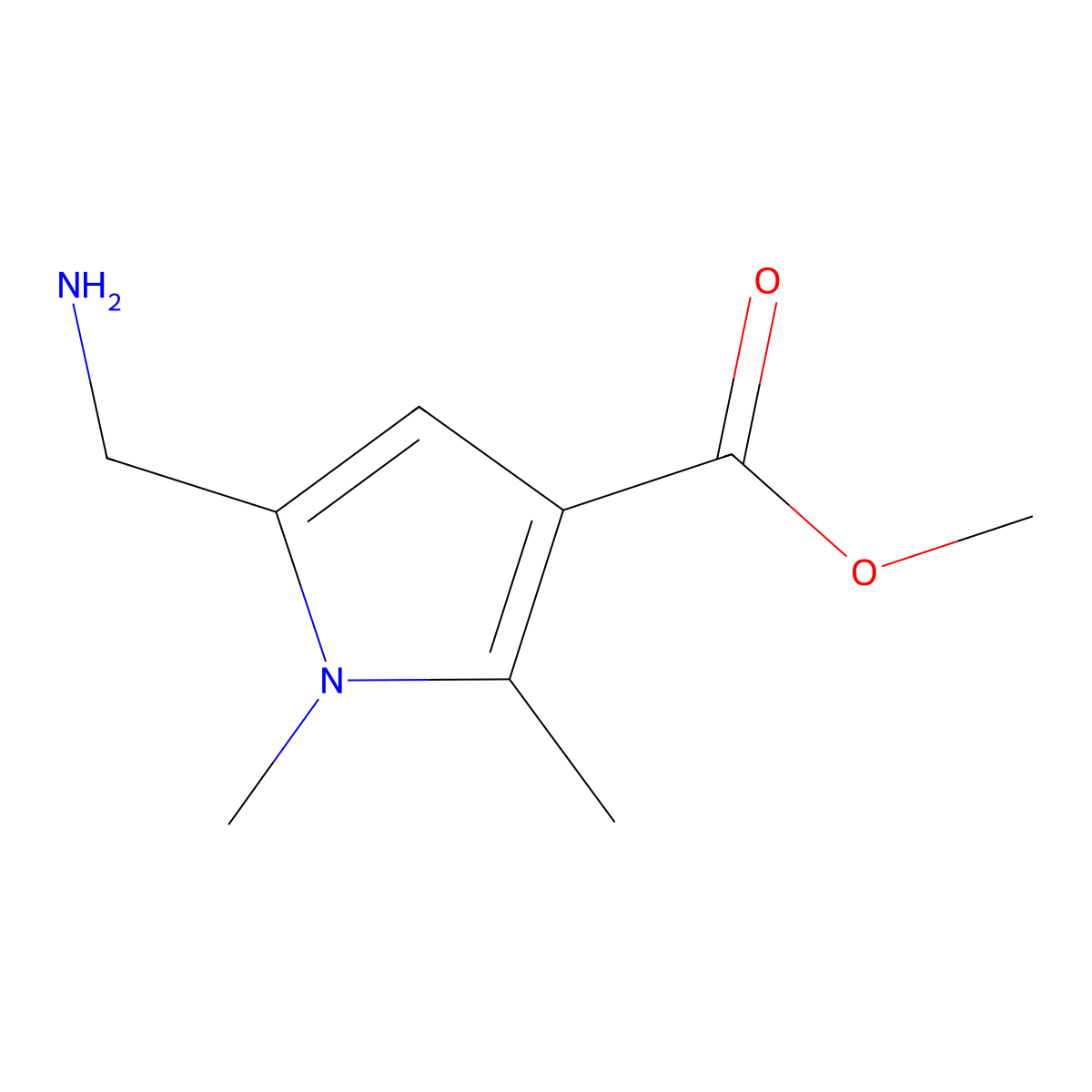 methyl 5-(aminomethyl)-1,2-dimethyl-1H-pyrrole-3-carboxylate molecular structure, CAS 1865015-26-4