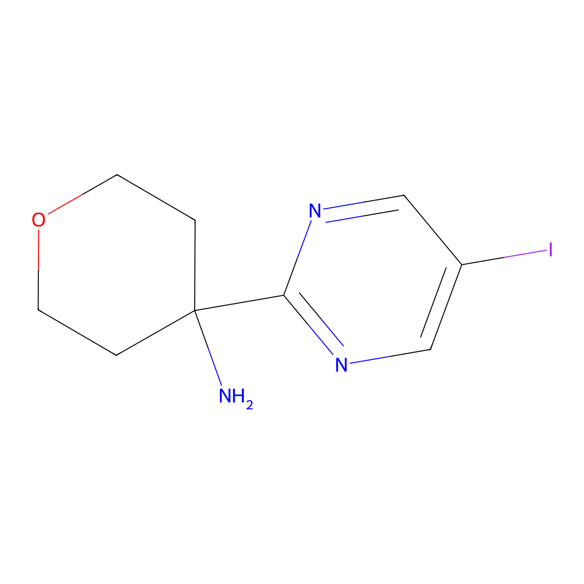 4-(5-Iodopyrimidin-2-yl)oxan-4-amine molecular structure, CAS 1865175-03-6