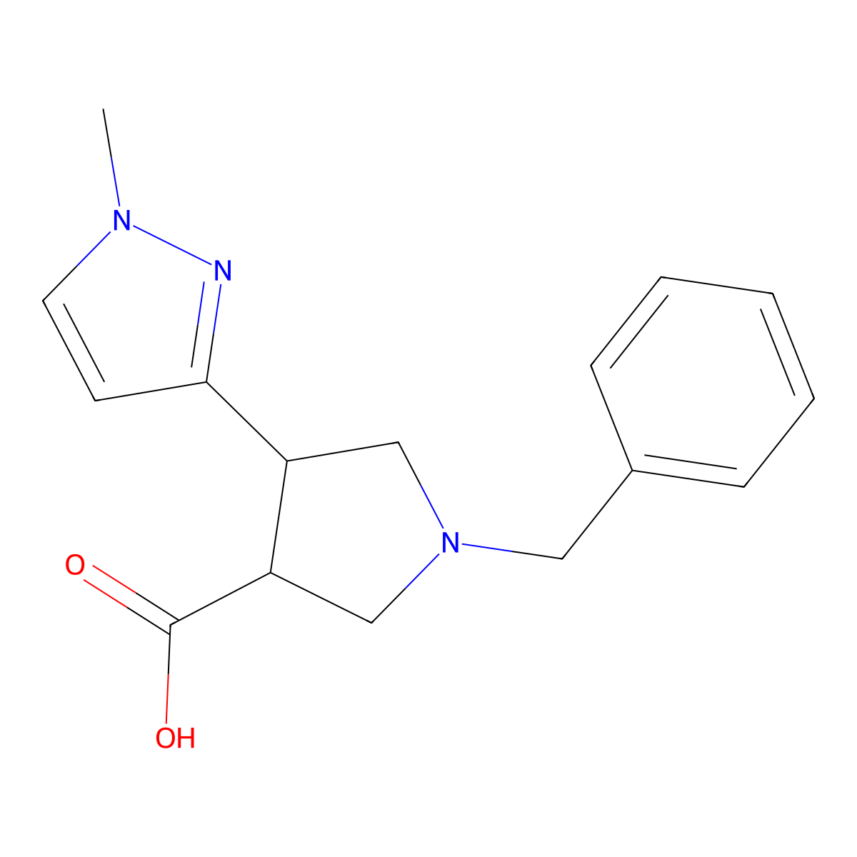1-Benzyl-4-(1-methyl-1H-pyrazol-3-yl)pyrrolidine-3-carboxylic acid molecular structure, CAS 1866669-98-8