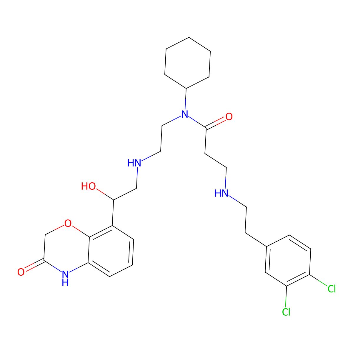 (R)-N-cyclohexyl-3-((3,4-dichlorophenethyl)amino)-N-(2-((2-hydroxy-2-(3-oxo-3,4-dihydro-2H-benzo[b][1,4]oxazin-8-yl)ethyl)amino)ethyl)propanamide molecular structure, CAS 1868232-32-9