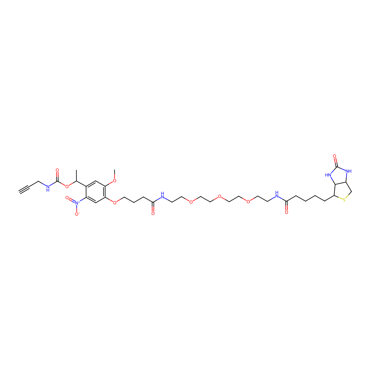 1(4(3((2(2(2(2(5((3aS,4S,6aR)2-oxohexahydro-1H-thieno(3,4-d)imidazole-4-yl)pentanamido)ethoxy)ethoxy)ethoxy)ethyl)carbamoyl)propoxy)-5-methoxy-2-nitrophenyl)ethyl N-(prop-2-yn-1-yl)carbamate molecular structure, CAS 1869922-24-6