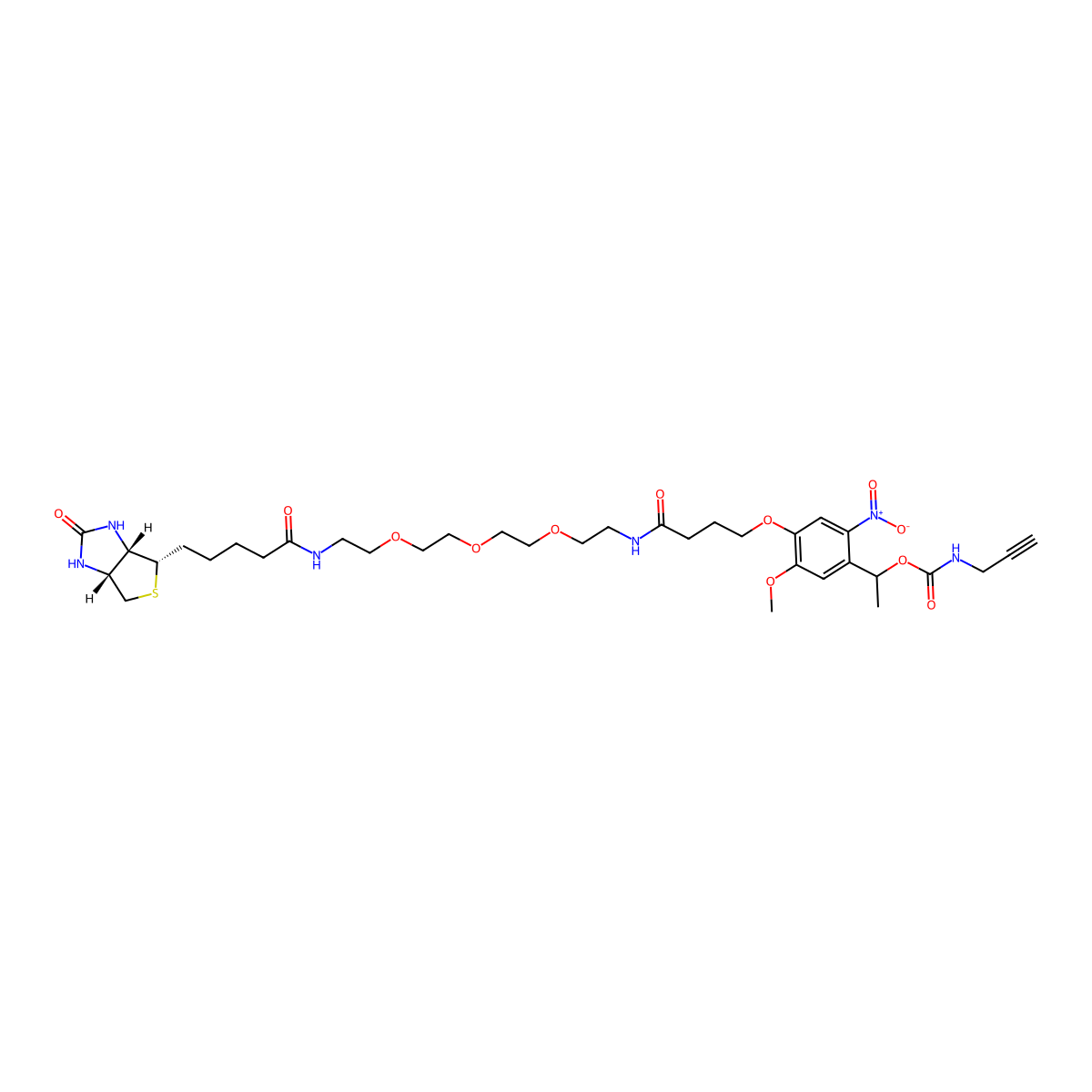 1(4(3((2(2(2(2(5((3aS,4S,6aR)2-oxohexahydro-1H-thieno(3,4-d)imidazole-4-yl)pentanamido)ethoxy)ethoxy)ethoxy)ethyl)carbamoyl)propoxy)-5-methoxy-2-nitrophenyl)ethyl N-(prop-2-yn-1-yl)carbamate molecular structure, CAS 1869922-24-6