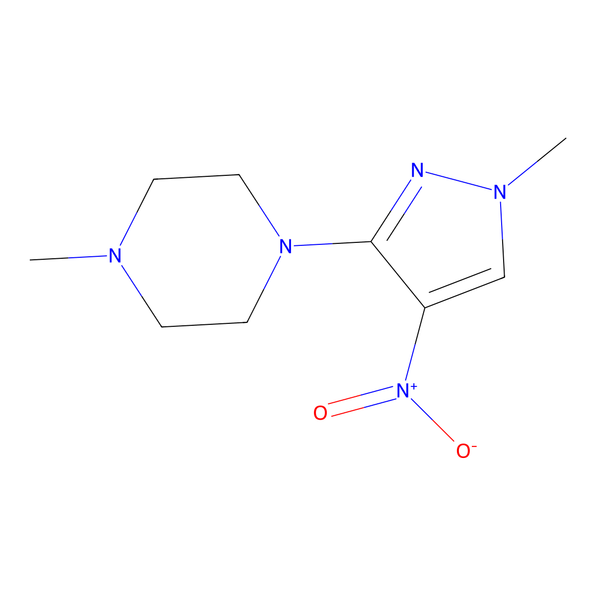 1-Methyl-4-(1-methyl-4-nitro-1H-pyrazol-3-yl)piperazine molecular structure, CAS 1870429-74-5