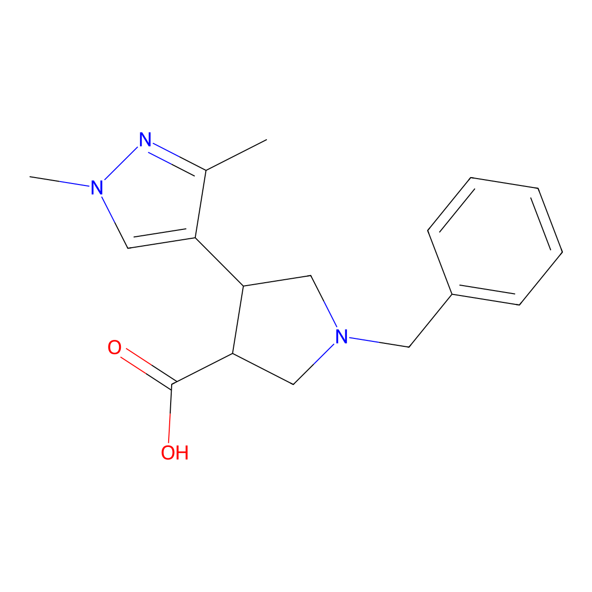 1-Benzyl-4-(1,3-dimethyl-1H-pyrazol-4-yl)pyrrolidine-3-carboxylic acid molecular structure, CAS 1871374-45-6