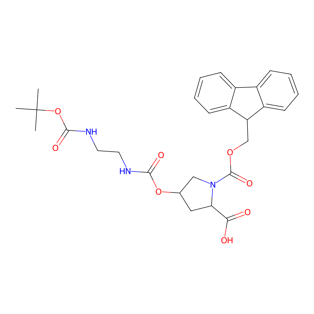 4((((2-(((1,1-Dimethylethoxy)carbonyl)amino)ethyl)amino)carbonyl)oxy)-, 1-(9H-fluoren-9-ylmethyl) ester (2S,4R)-1,2-pyrrolidinedicarboxylic acid molecular structure, CAS 187223-15-0