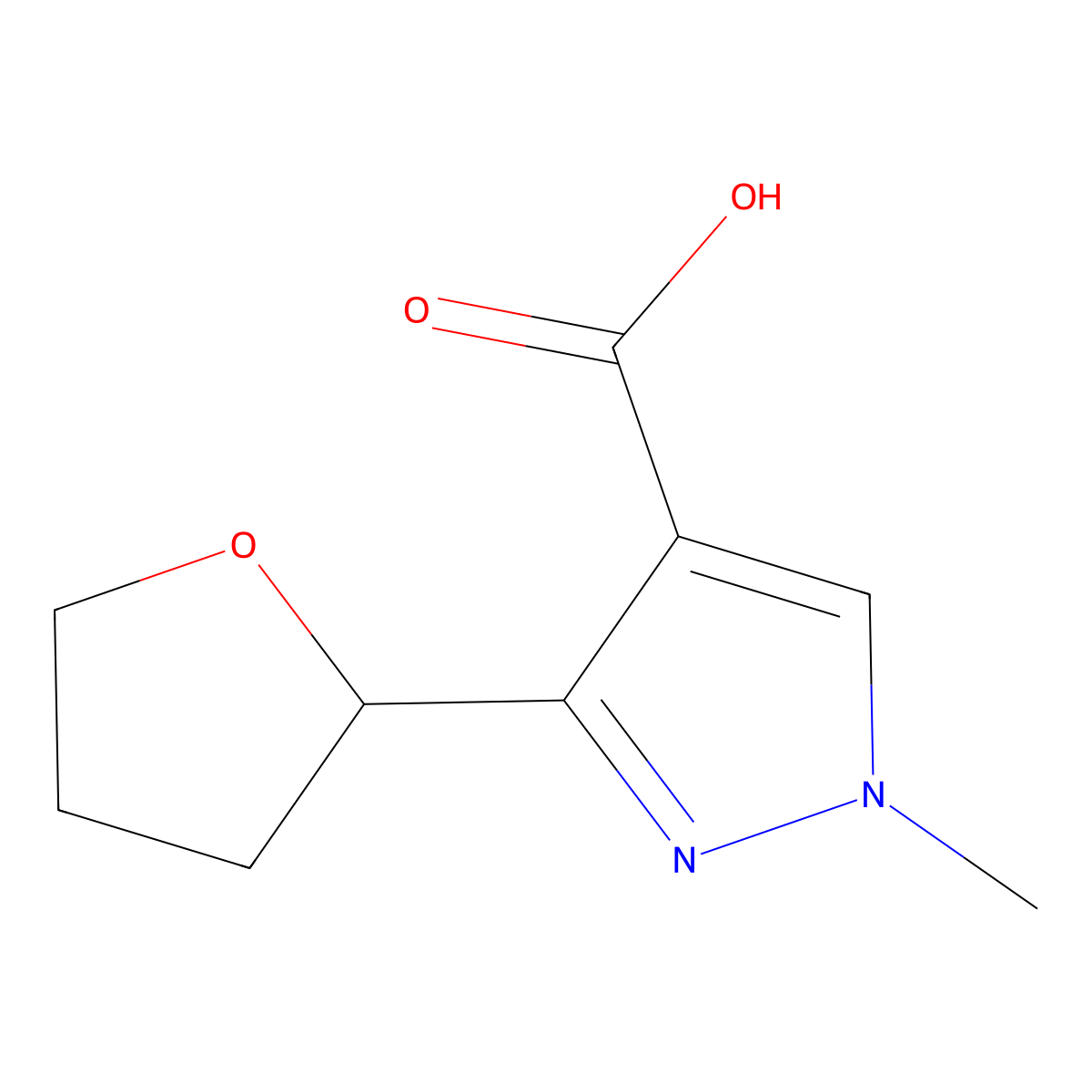 1-methyl-3-(oxolan-2-yl)-1H-pyrazole-4-carboxylic acid molecular structure, CAS 1872538-65-2