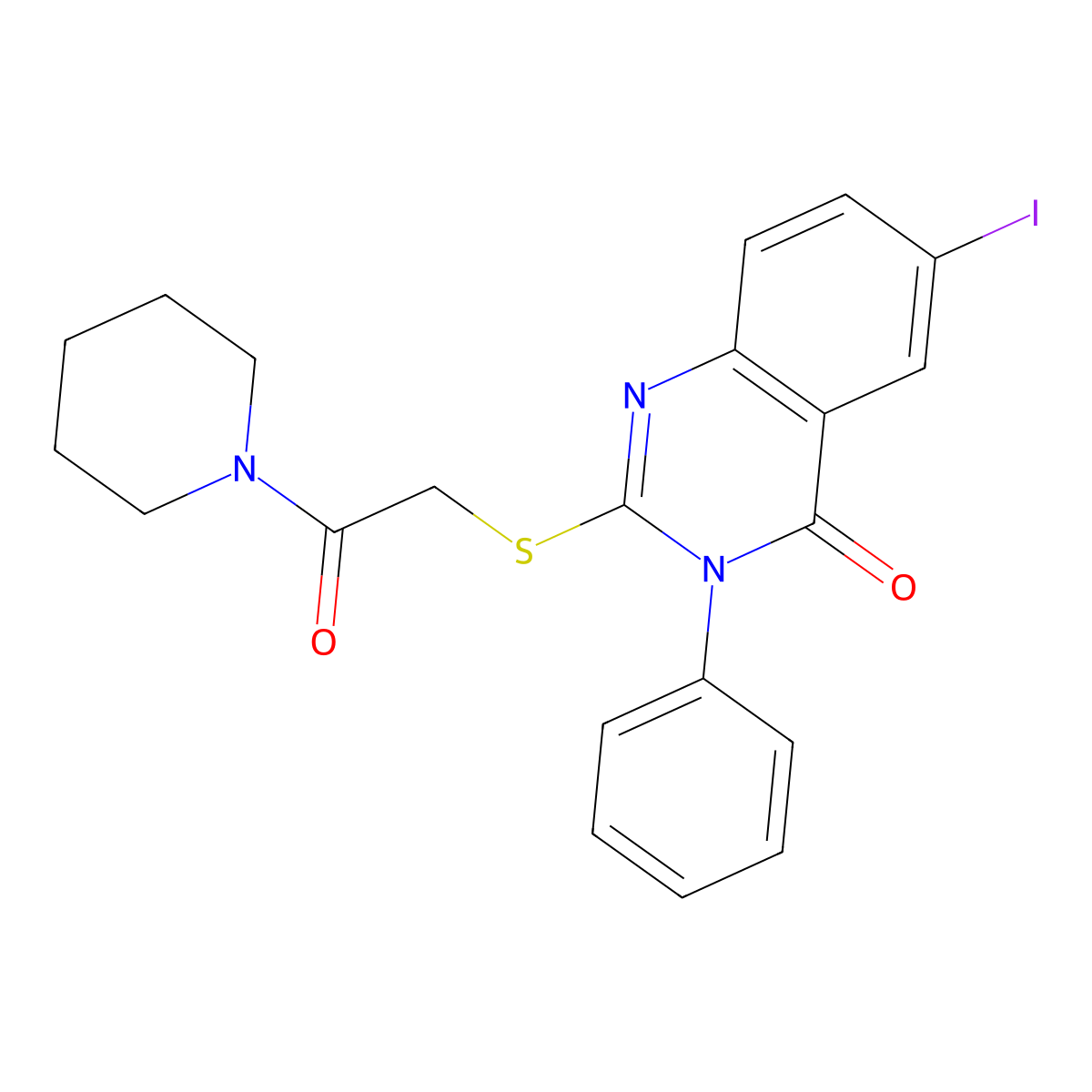 6-Iodo-2-(2-oxo-2-piperidin-1-ylethyl)sulfanyl-3-phenylquinazolin-4-one molecular structure, CAS 18732-22-4