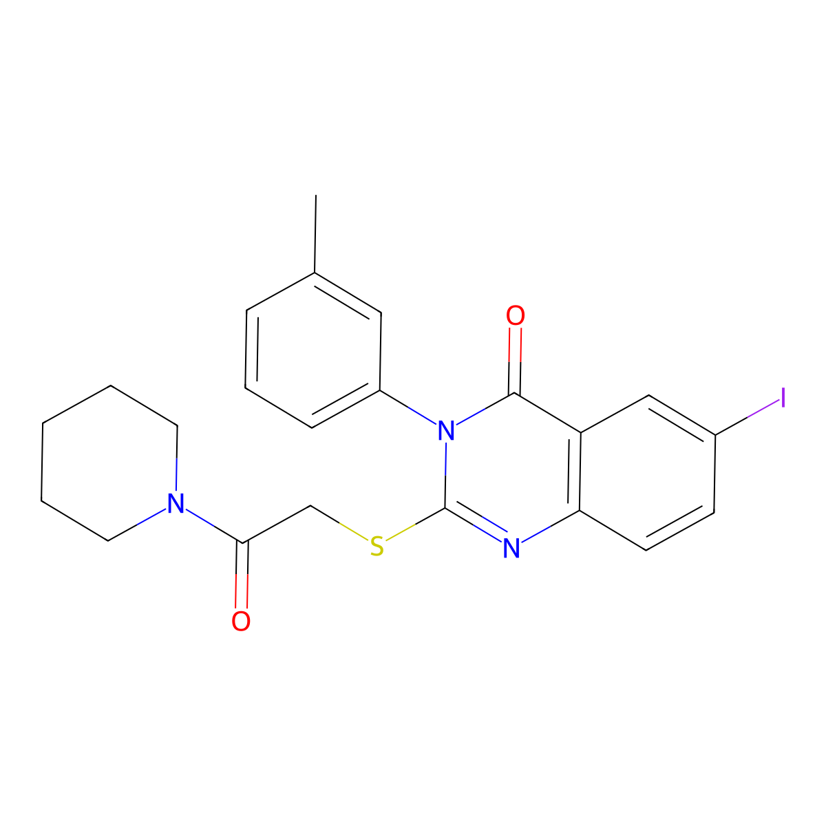 6-Iodo-3-(3-methylphenyl)-2-(2-oxo-2-piperidin-1-ylethyl)sulfanylquinazolin-4-one molecular structure, CAS 18732-24-6