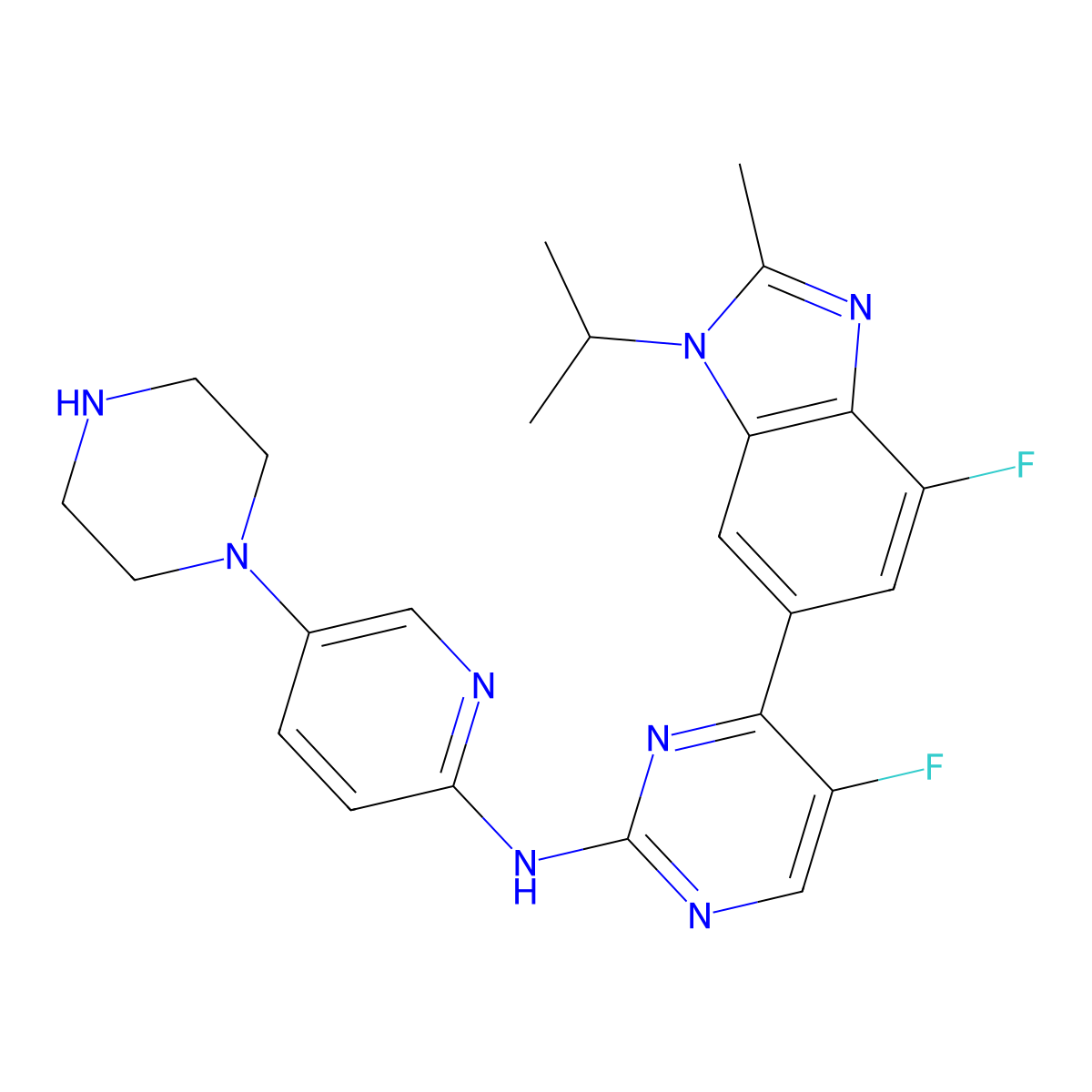 5-Fluoro-4-(4-fluoro-1-isopropyl-2-methyl-1H-benzo[d]imidazol-6-yl)-N-(5-(piperazin-1-yl)pyridin-2-yl)pyrimidin-2-amine molecular structure, CAS 1873303-25-3