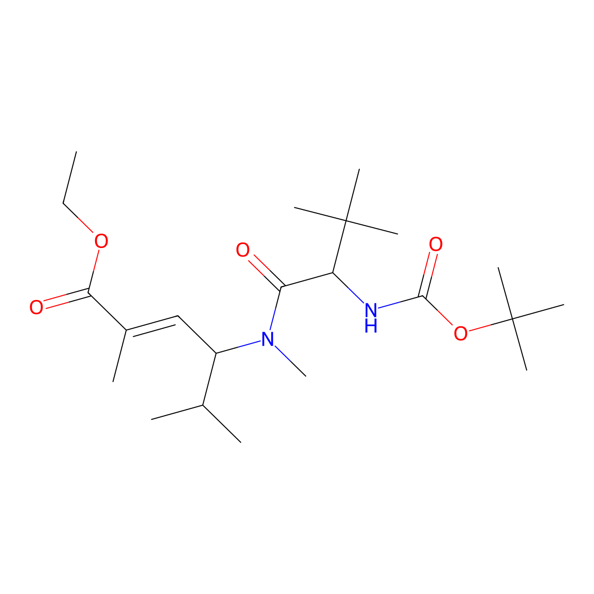 2-Hexenoic acid, 4-[[(2S)-2-[[(1,1-dimethylethoxy)carbonyl]amino]-3,3-dimethyl-1-oxobutyl]methylamino]-2,5-dimethyl-, ethyl ester, (2E,4S)- molecular structure, CAS 187345-37-5