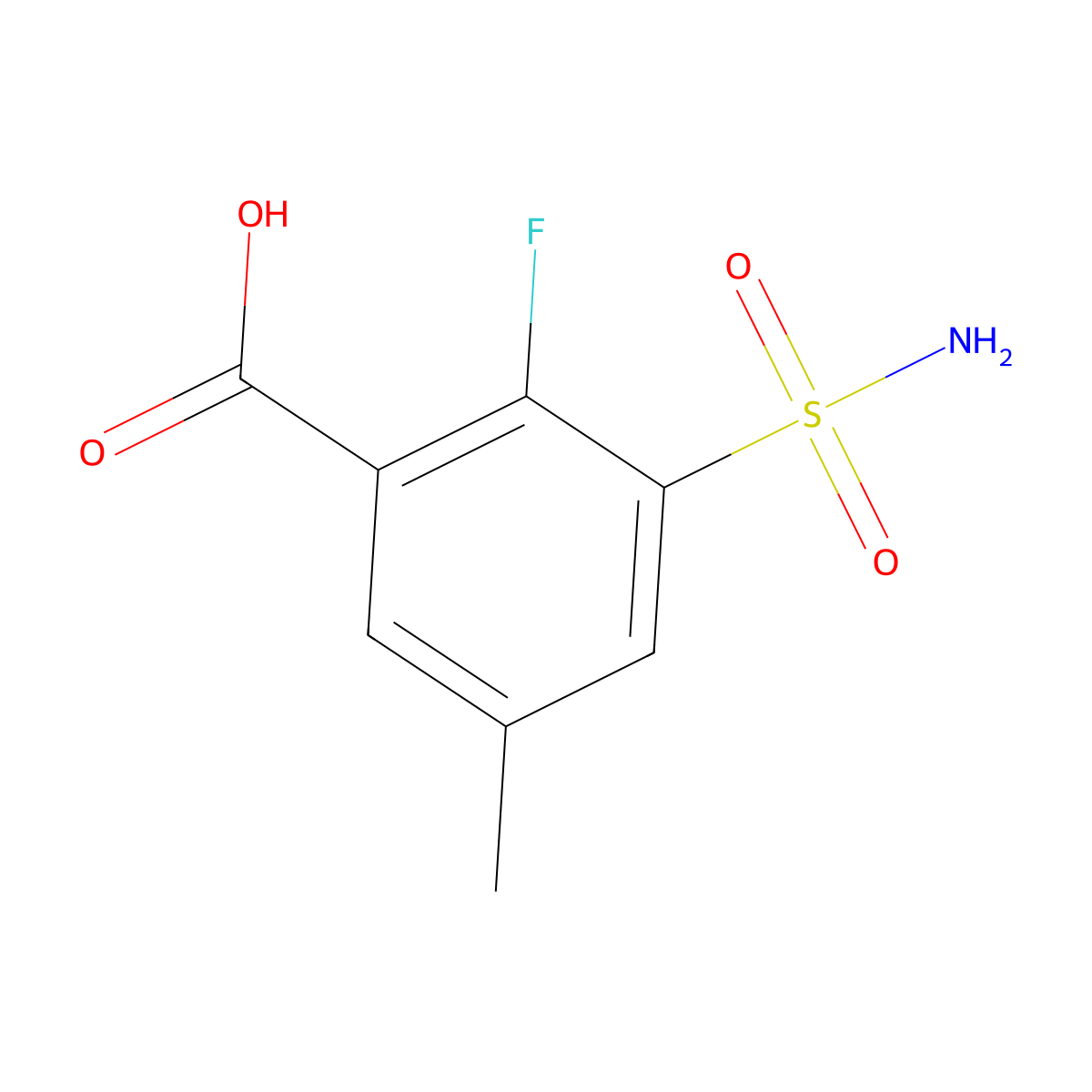 2-Fluoro-5-methyl-3-sulfamoylbenzoic acid molecular structure, CAS 1874073-23-0