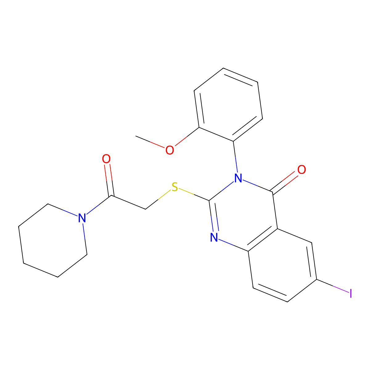 6-Iodo-3-(2-methoxyphenyl)-2-(2-oxo-2-piperidin-1-ylethyl)sulfanylquinazolin-4-one molecular structure, CAS 18741-22-5