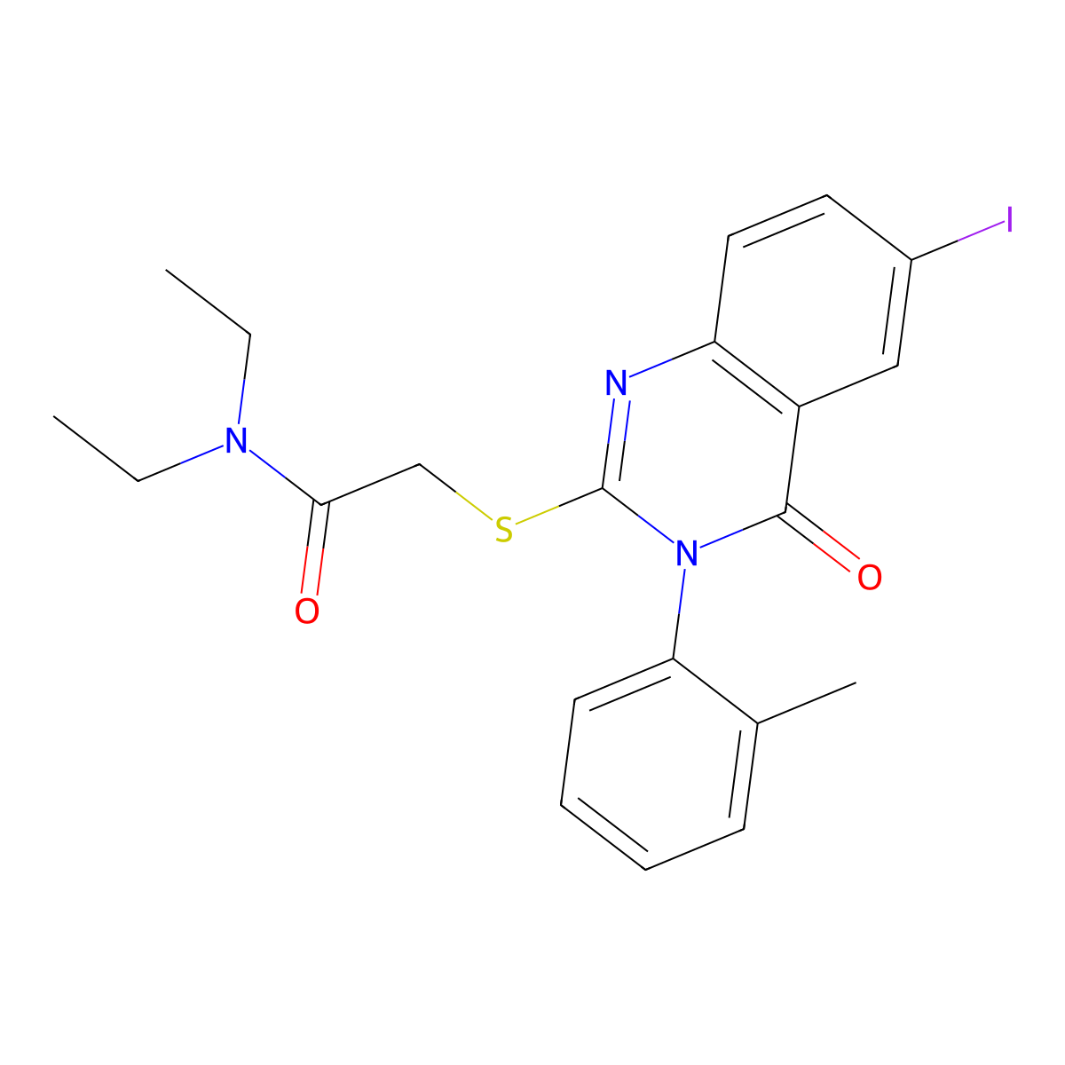 N,N-diethyl-2-[6-iodo-3-(2-methylphenyl)-4-oxoquinazolin-2-yl]sulfanylacetamide molecular structure, CAS 18741-47-4