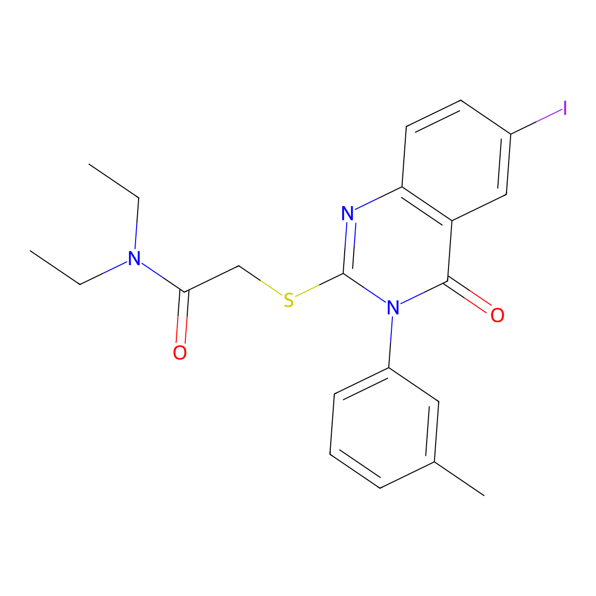 N,N-diethyl-2-[6-iodo-3-(3-methylphenyl)-4-oxoquinazolin-2-yl]sulfanylacetamide molecular structure, CAS 18741-48-5