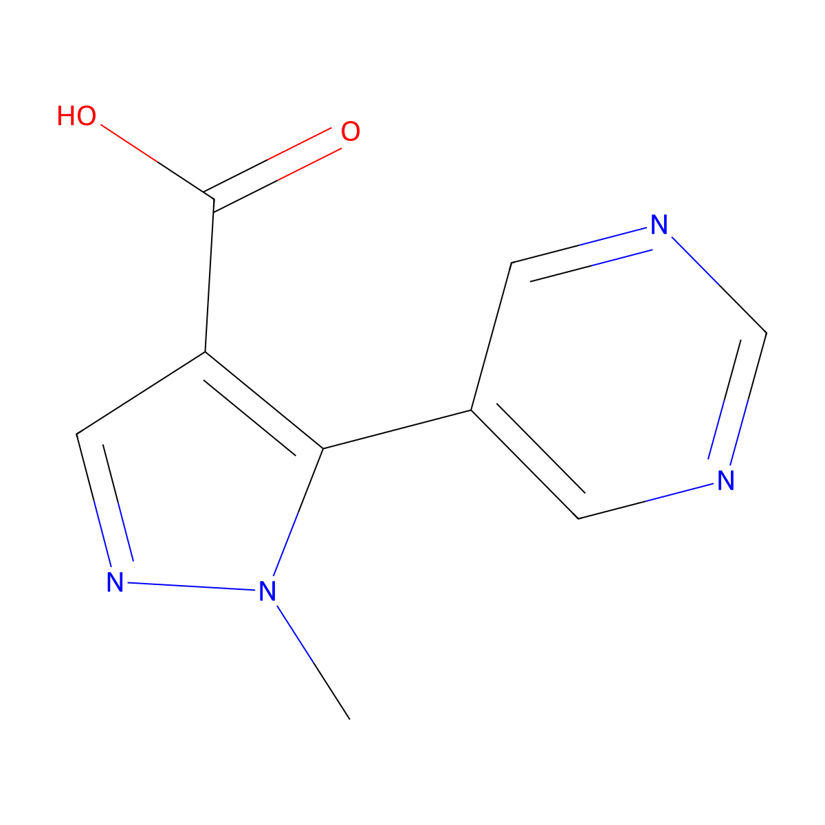 1-methyl-5-(pyrimidin-5-yl)-1H-pyrazole-4-carboxylic acid molecular structure, CAS 1874132-97-4