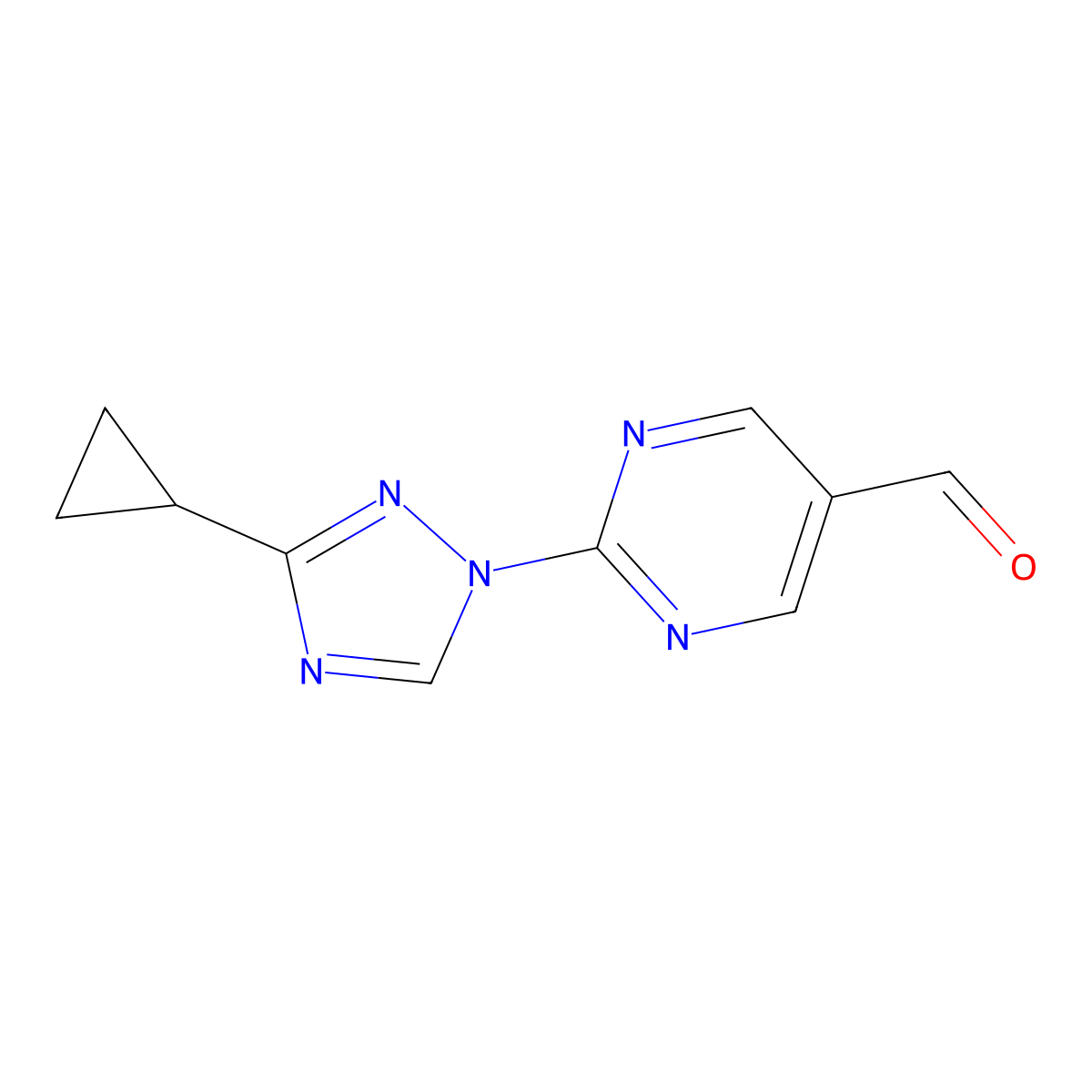 2-(3-cyclopropyl-1H-1,2,4-triazol-1-yl)pyrimidine-5-carbaldehyde molecular structure, CAS 1874166-23-0