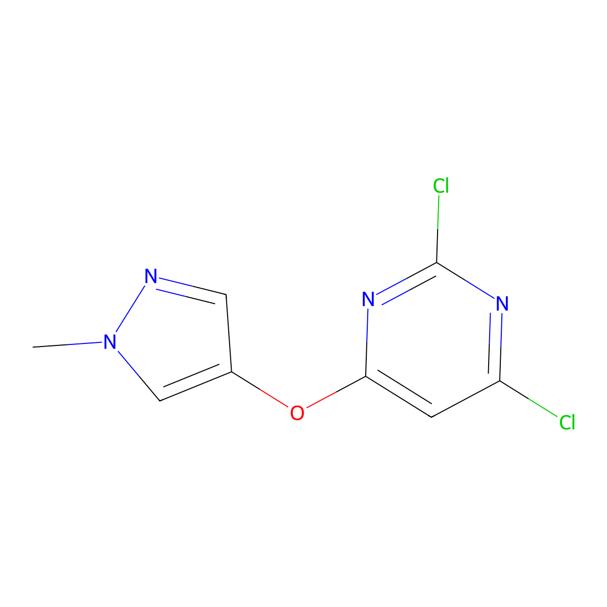 2,4-dichloro-6-[(1-methyl-1H-pyrazol-4-yl)oxy]pyrimidine molecular structure, CAS 1875059-45-2