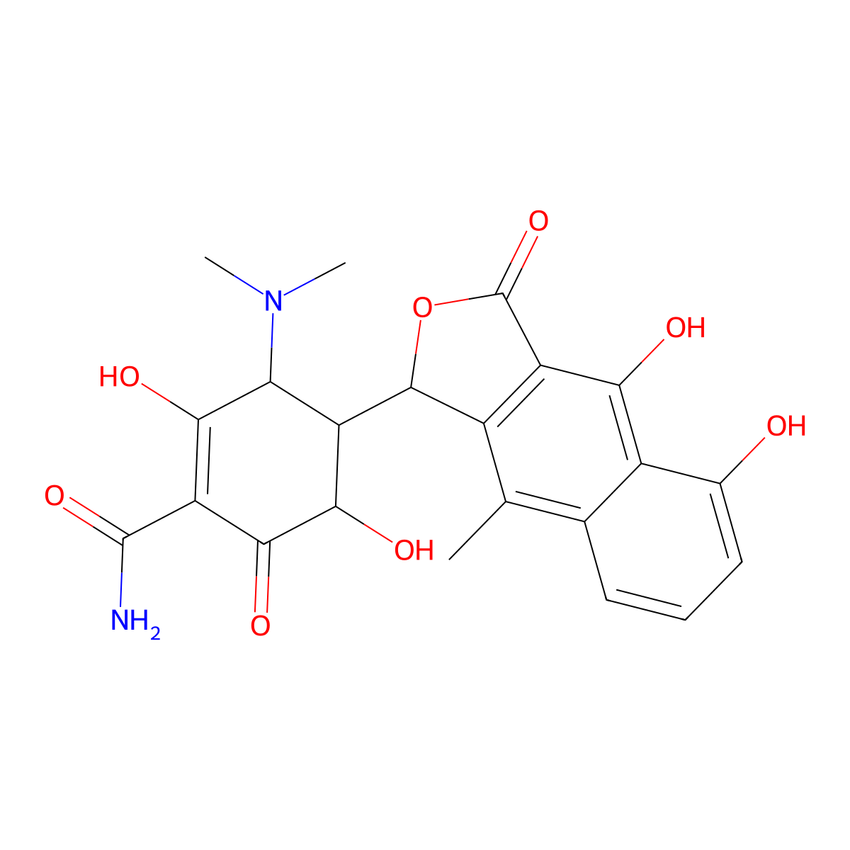 4-(4,5-dihydroxy-9-methyl-3-oxo-1H-benzo[f][2]benzofuran-1-yl)-3-(dimethylamino)-2,5-dihydroxy-6-oxocyclohexene-1-carboxamide molecular structure, CAS 18751-99-0